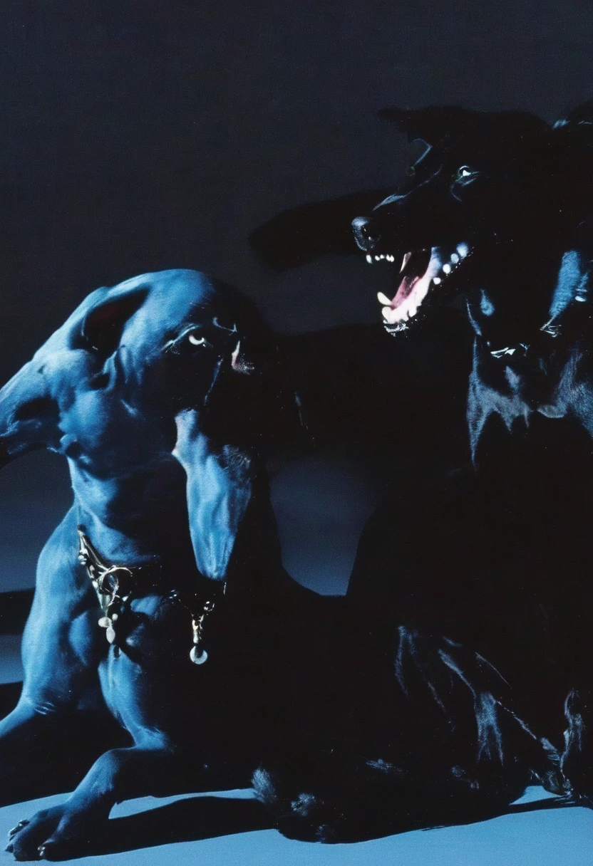 lovecraftian fashion shoot, dog and cat in darkness at night, blue background