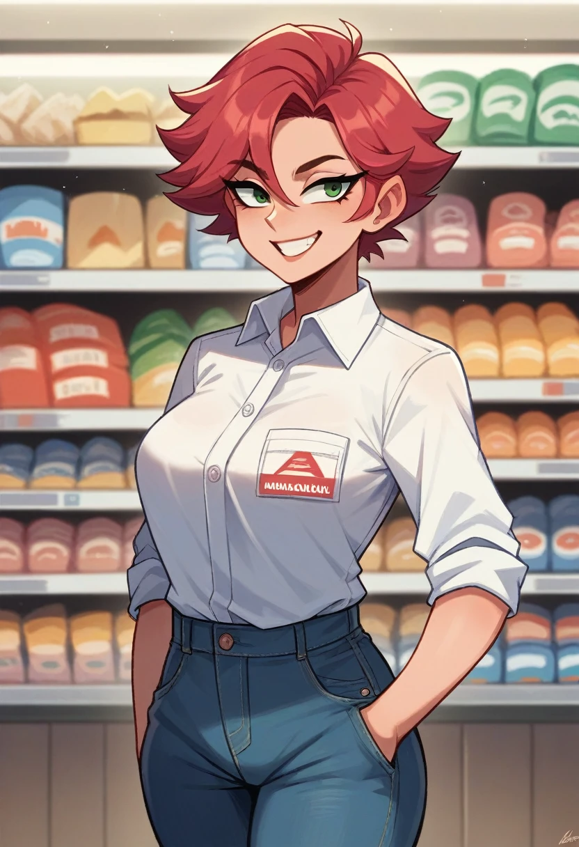 Crimson hair, short hair, tomboy, female, meek, b cups, white polo tucked into black jeans, meek smile, convenience store, convenience store worker, check out, no viewer eye contact,