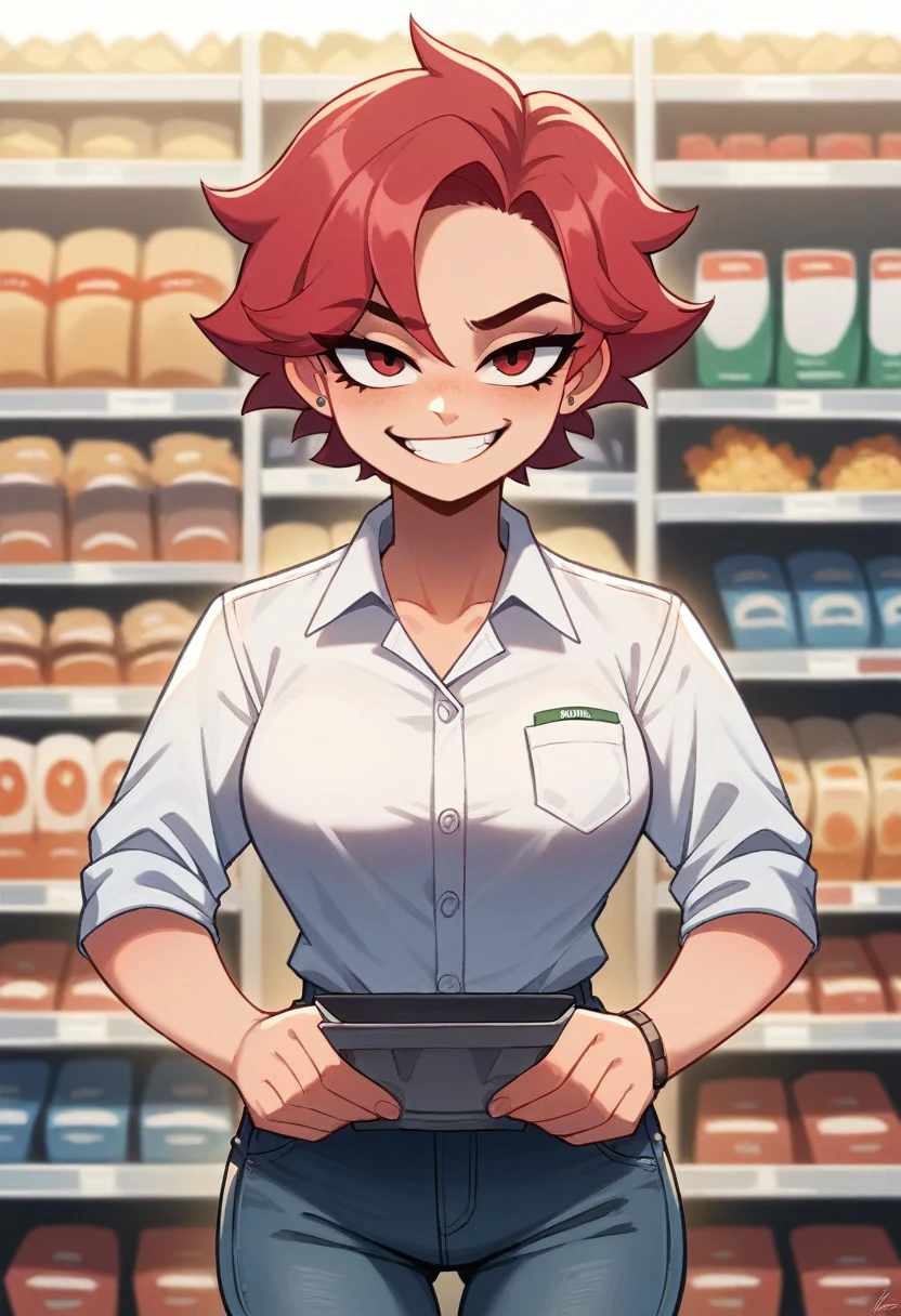 Crimson hair, short hair, tomboy, female, meek, b cups, white polo tucked into black jeans, meek smile, convenience store, convenience store worker, check out, no viewer eye contact, 