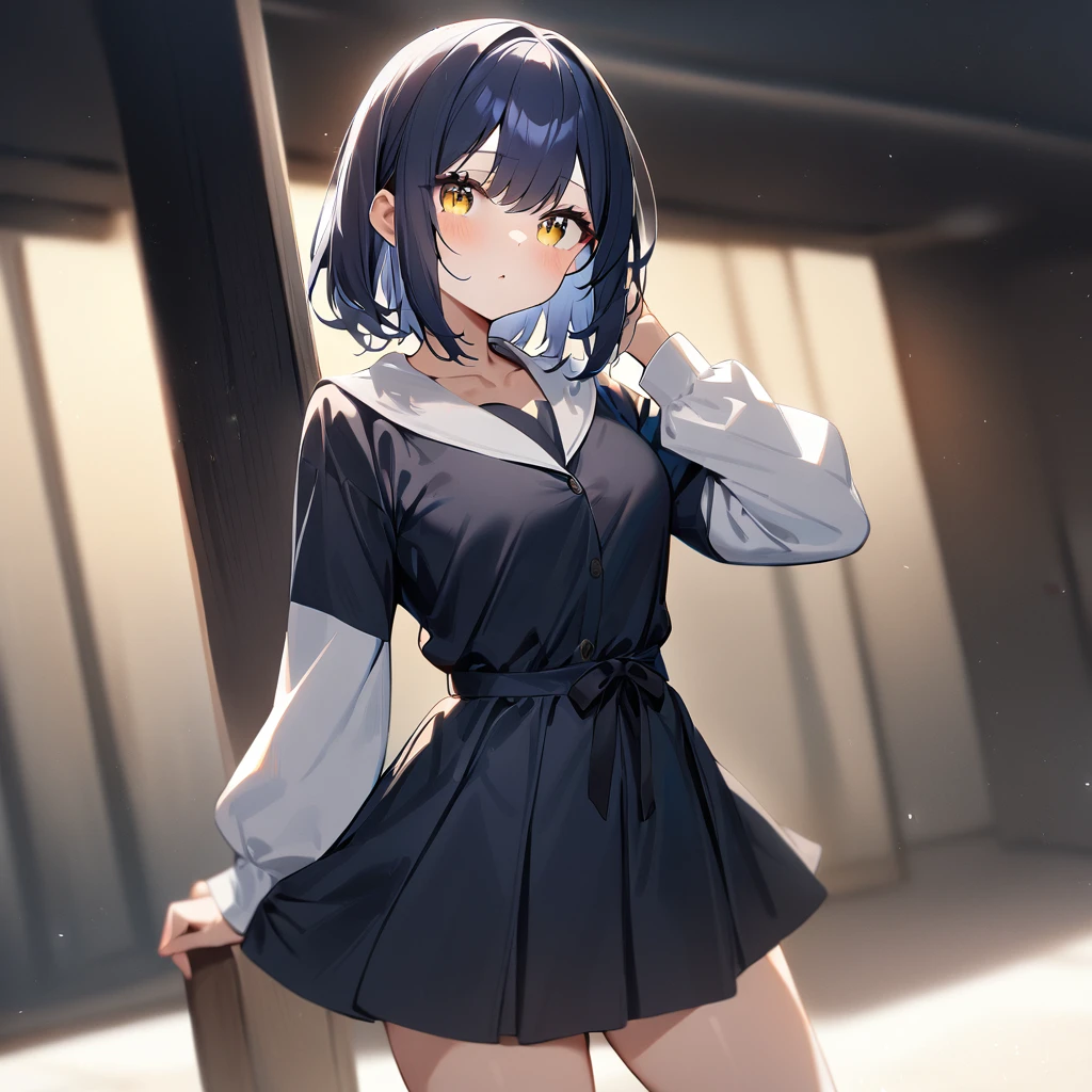 (1girl),(Solo),(dark blue hair),(White:1),(yellow eyes),(cowboy shot),(cute),White,best quality, very aesthetic,absurdres