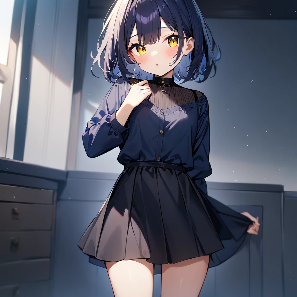 (1girl),(Solo),(dark blue hair),(White:1),(yellow eyes),(cowboy shot),(cute),White,best quality, very aesthetic,absurdres 