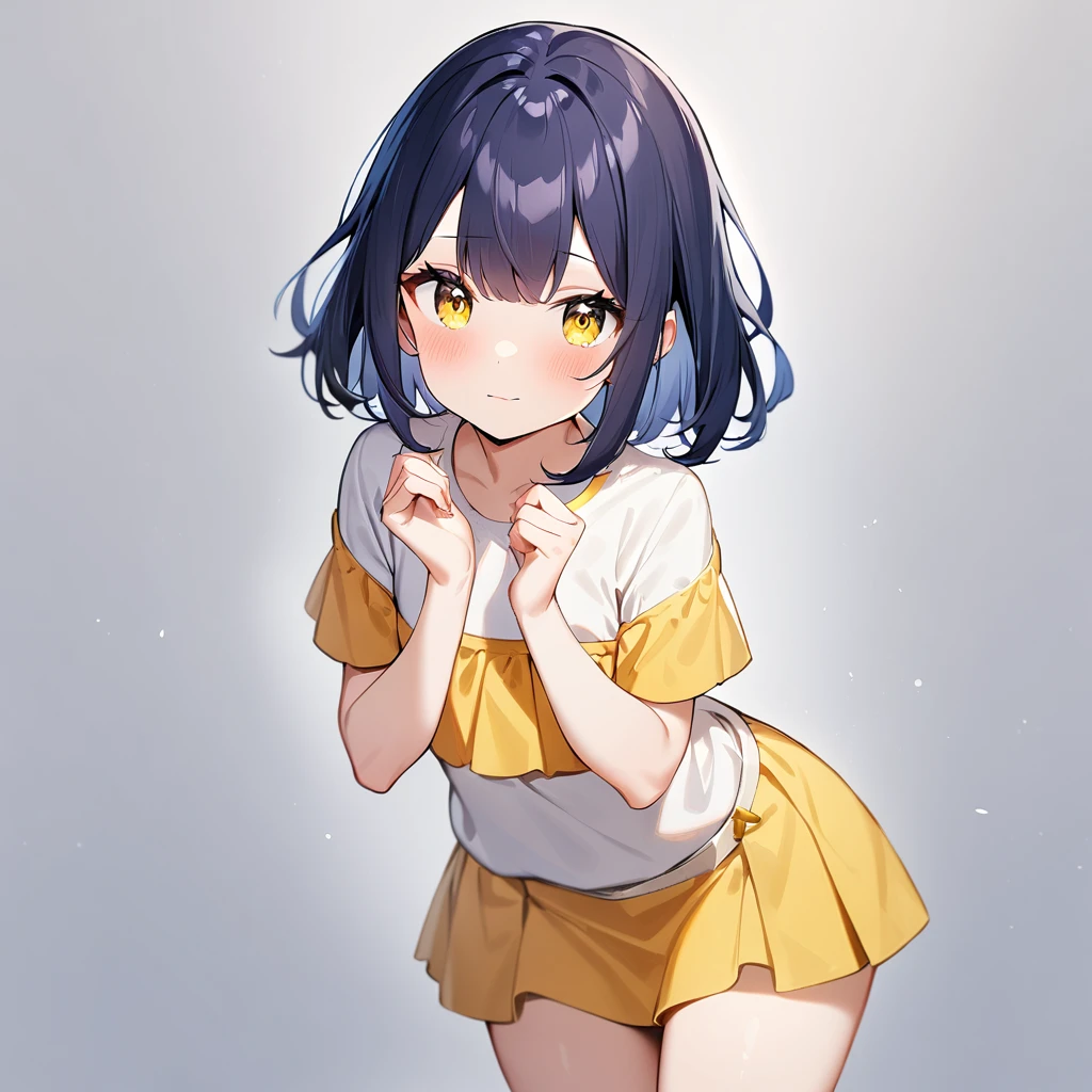 (1girl),(Solo),(dark blue hair),(White:1),(yellow eyes),(cowboy shot),(cute),White,best quality, very aesthetic,absurdres