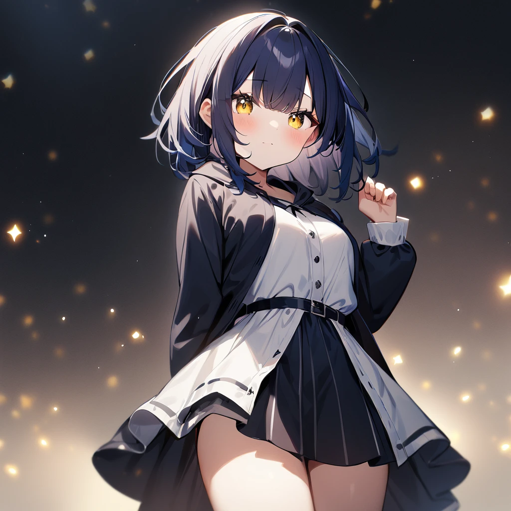(1girl),(Solo),(dark blue hair),(White:1),(yellow eyes),(cowboy shot),(cute),White,best quality, very aesthetic,absurdres