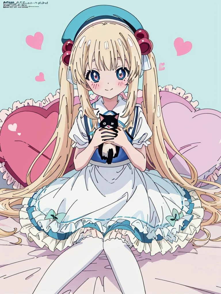 flat color, partially colored, limited palette, (Anime:1.8), Megami Magazine,
1 girl, , 10-yo, sweet, , baby face, sitting on the floor grasping one's knees, sitting on a frilled cushion, long hair, twin-tails, hair bobbles, cute smile, Glowing light blonde-yellow with hair and pupils, red blush, white frilled shirt, Puffy Sleeves, light blue frilled suspender skirt, (White petticoat:1.8), striped knee-highs, mary janes, holding a kitten, (light blue beret, Comes with a Pink bow), red bolo tie,
overexposure, colorful, simple background, cat footprints mark, hearts,