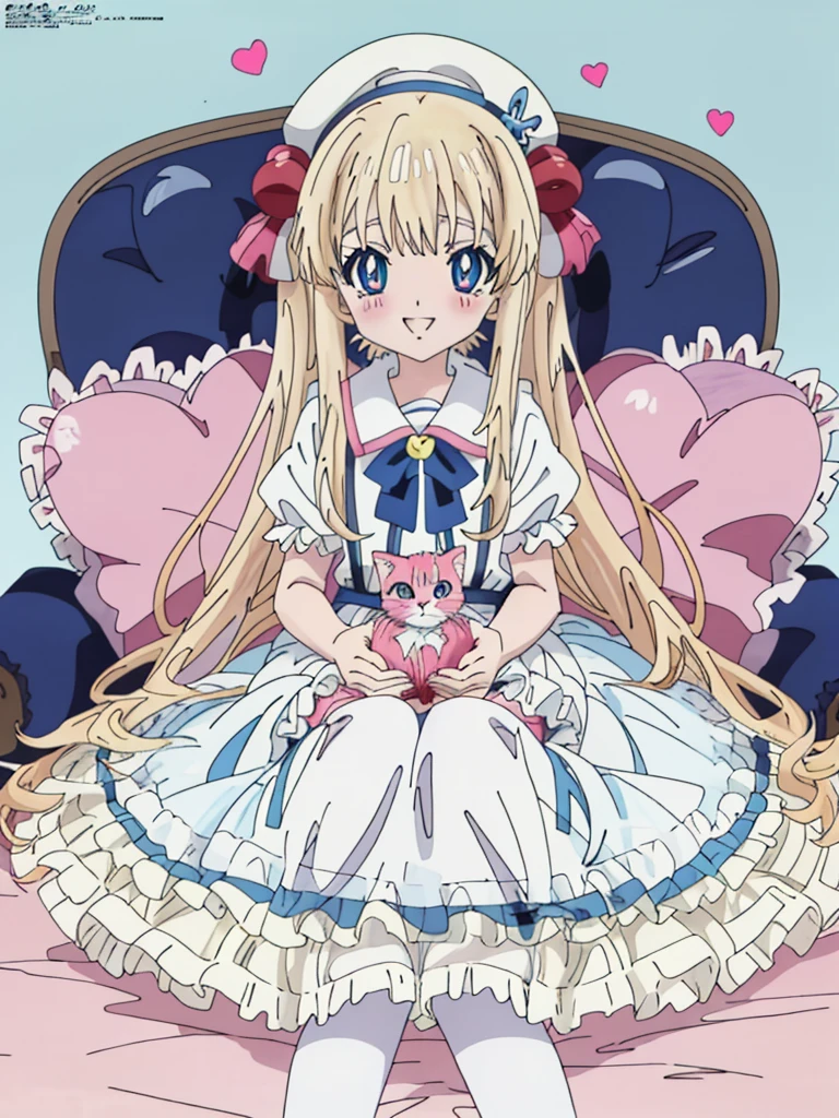 flat color, partially colored, limited palette, (Anime:1.8), Megami Magazine,
1 girl, , 10-yo, sweet, , baby face, sitting on the floor grasping one's knees, sitting on a frilled cushion, long hair, twin-tails, hair bobbles, cute smile, Glowing light blonde-yellow with hair and pupils, red blush, white frilled shirt, Puffy Sleeves, light blue frilled suspender skirt, (White petticoat:1.8), striped knee-highs, mary janes, holding a kitten, (light blue beret, Comes with a Pink bow), red bolo tie,
overexposure, colorful, simple background, cat footprints mark, hearts,