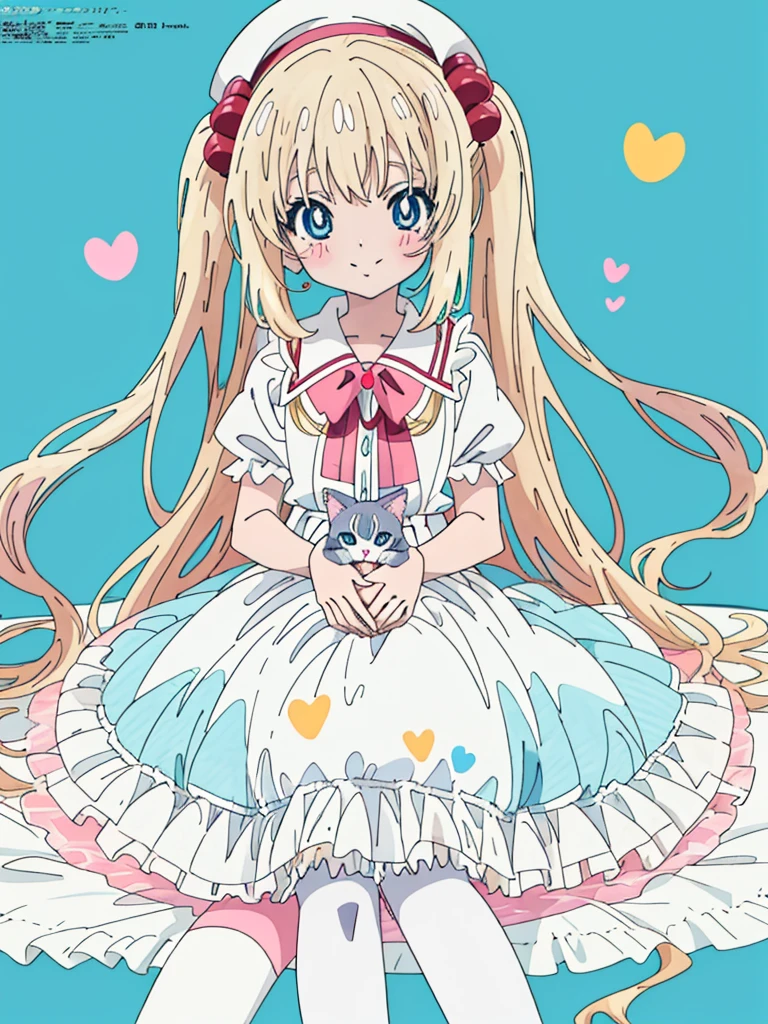 flat color, partially colored, limited palette, (Anime:1.8), Megami Magazine,
1 girl, , 10-yo, sweet, , baby face, sitting on the floor grasping one's knees, sitting on a frilled cushion, long hair, twin-tails, hair bobbles, cute smile, Glowing light blonde-yellow with hair and pupils, red blush, white frilled shirt, Puffy Sleeves, light blue frilled suspender skirt, (White petticoat:1.8), striped knee-highs, mary janes, holding a kitten, (light blue beret, Comes with a Pink bow), red bolo tie,
overexposure, colorful, simple background, cat footprints mark, hearts,