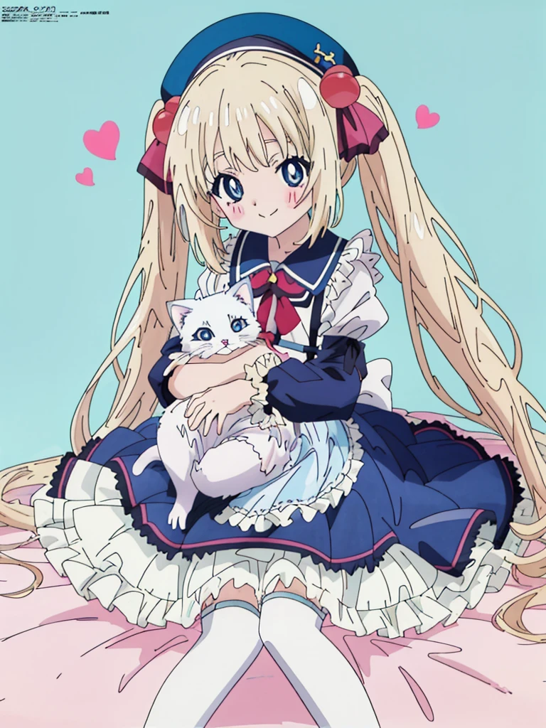 flat color, partially colored, limited palette, (Anime:1.8), Megami Magazine,
1 girl, , 10-yo, sweet, , baby face, sitting on the floor grasping one's knees, sitting on a frilled cushion, long hair, twin-tails, hair bobbles, cute smile, Glowing light blonde-yellow with hair and pupils, red blush, white frilled shirt, Puffy Sleeves, light blue frilled suspender skirt, (White petticoat:1.8), striped knee-highs, mary janes, holding a kitten, (light blue beret, Comes with a Pink bow), red bolo tie,
overexposure, colorful, simple background, cat footprints mark, hearts,