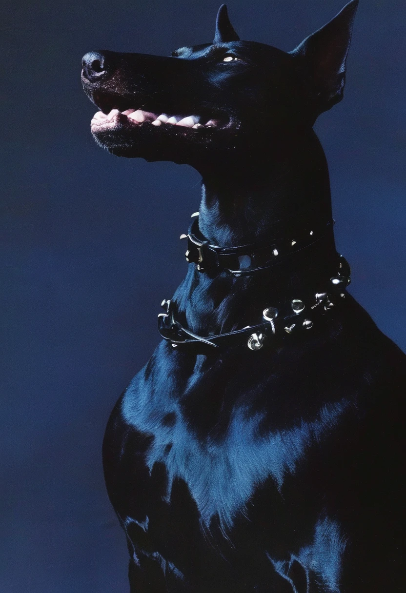 lovecraftian fashion shoot, black doberman in leather in darkness at night, blue background