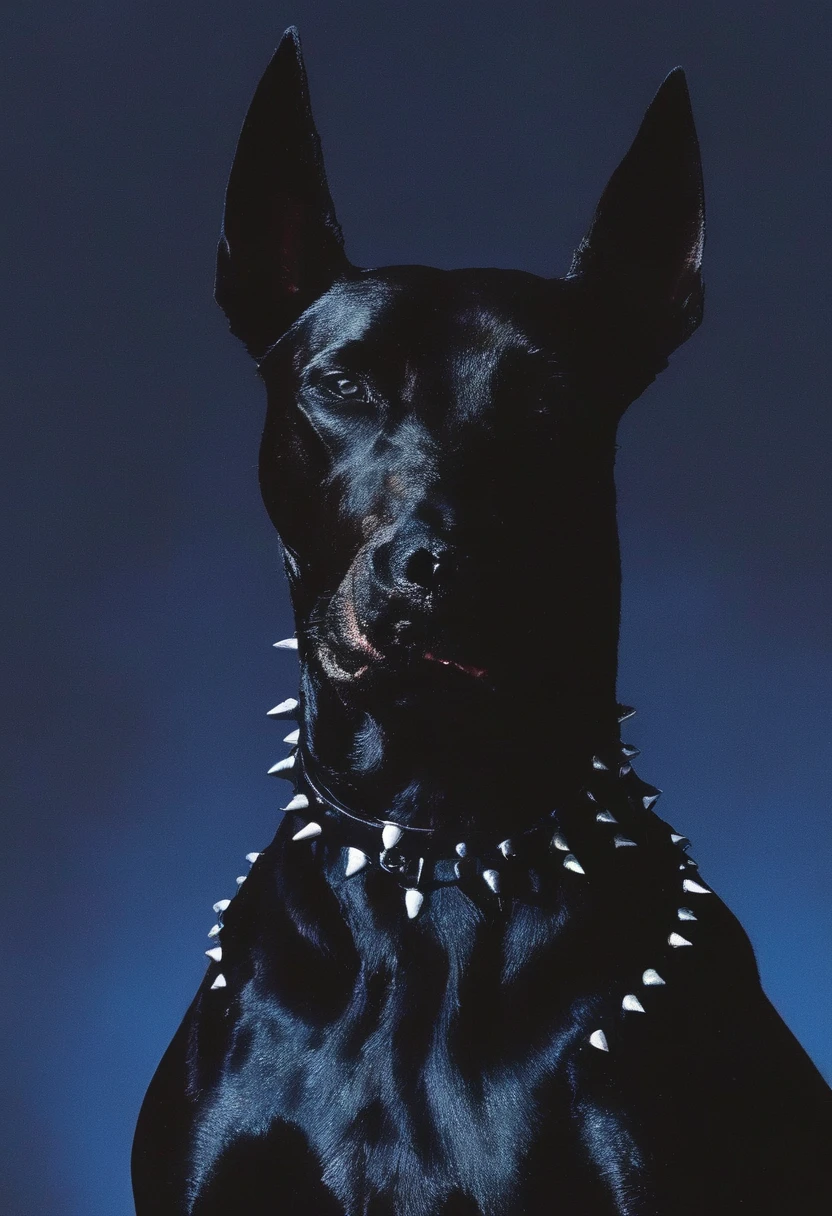 lovecraftian fashion shoot, black doberman in leather in darkness at night, blue background