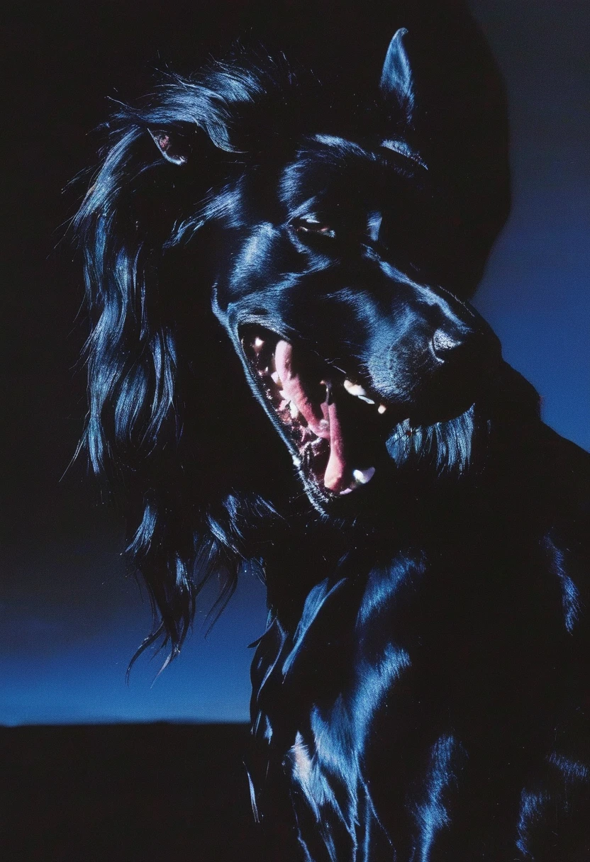 lovecraftian fashion shoot, black doberman in leather in darkness at night, blue background