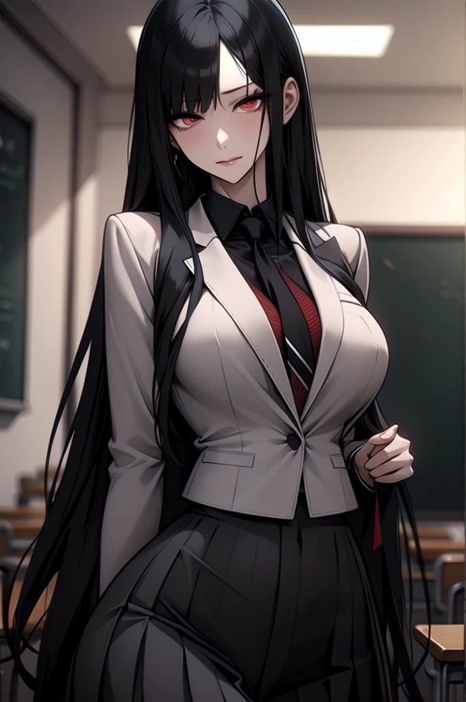 A young woman with long black hair and striking red eyes is wearing a traditional school uniform. She stands confidently, looking directly at the camera with a haughty expression. The school uniform consists of a white blouse, a dark-colored pleated skirt, and a matching blazer. The background is a simple school setting with blurred elements to focus on her intense gaze and proud demeanor. Her posture and facial expression exude arrogance and self-assurance.
