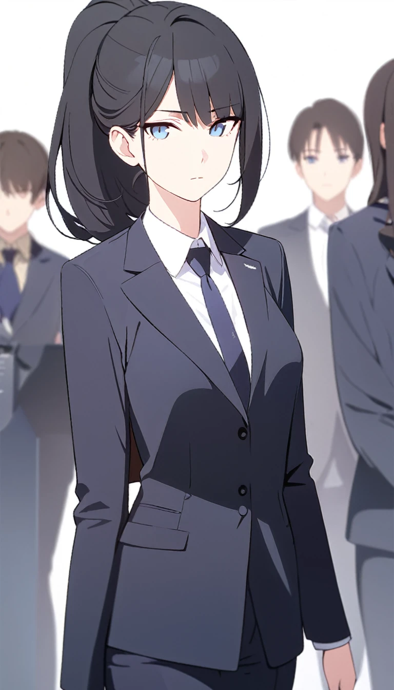 (masterpiece, high quality, best quality, highres,) One Woman, young, black hair, ponytail, Blue Eyes, Athletic build, expressionless, closed mouth, shirt, office staff suit, Simple, white background, standing, cowboy shot, (shoot from front),