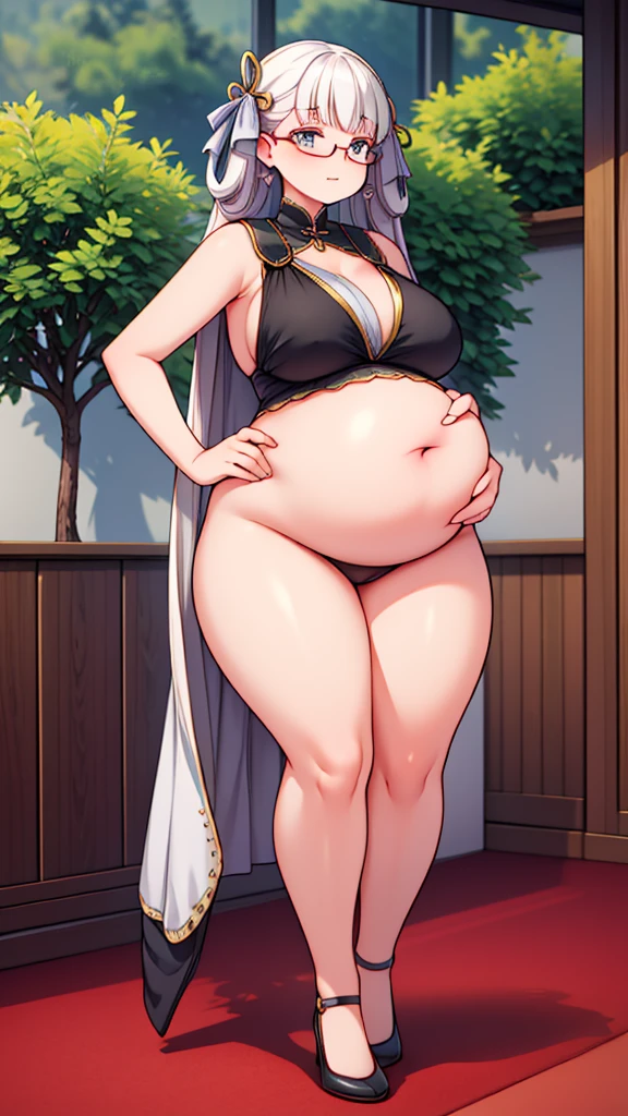 (Full body, glasses), An image of a pregnant girl with her belly on full display. She is a very voluptuous lady
