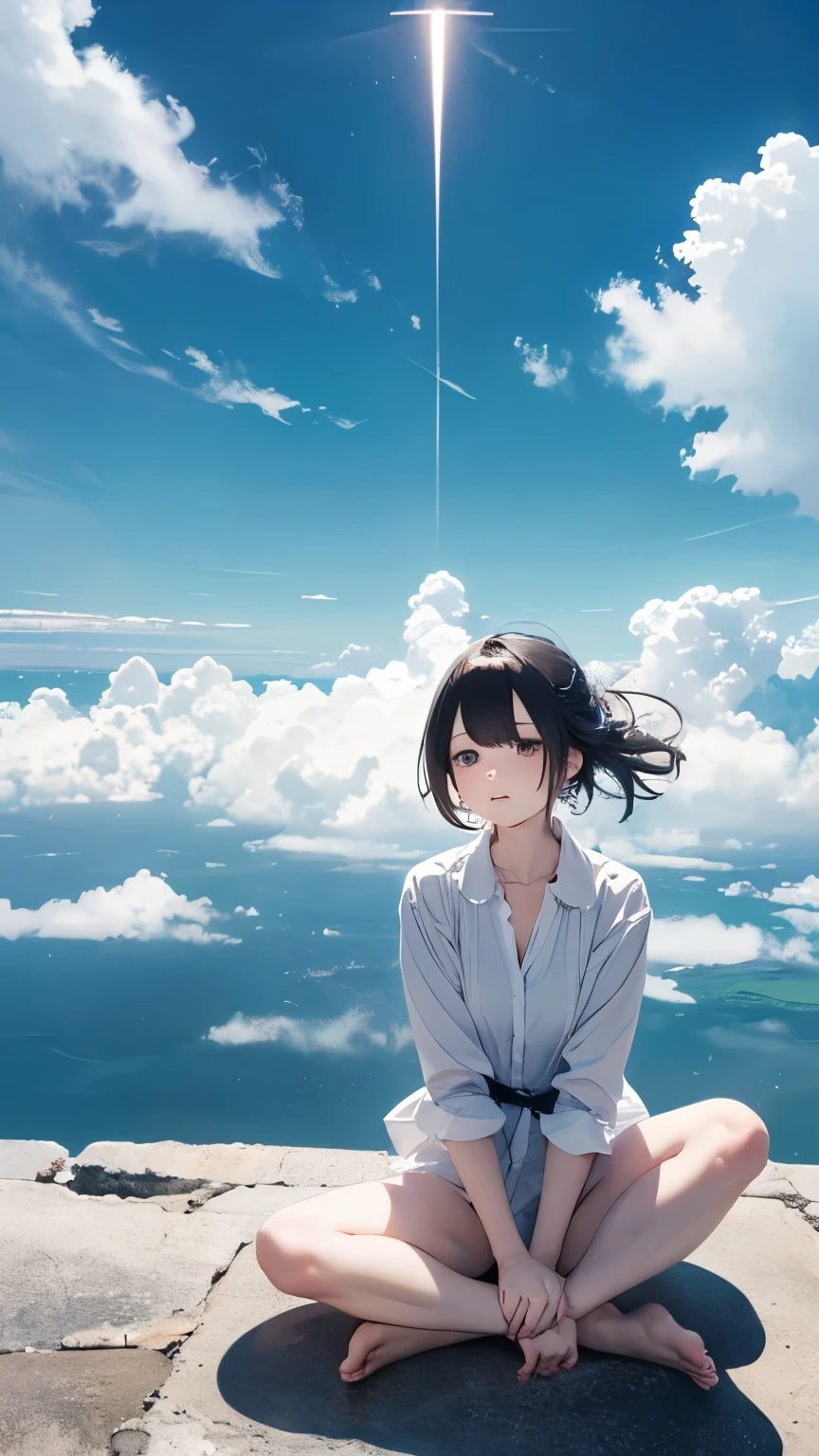 One Girl、Highest quality、masterpiece、Perfect Anatomy、Girl sitting on a pillar、A thin pillar stretching high into the sky、Mysterious cylindrical pillar、Height 3000ｍ、sea of clouds、blue sky、Sitting cross-legged、Hair blowing in the wind、Gray Hair、Girl staring into the distance、White clothes、barefoot、Shooting from above、Clouds spreading below、Full body angle、sea of clouds
