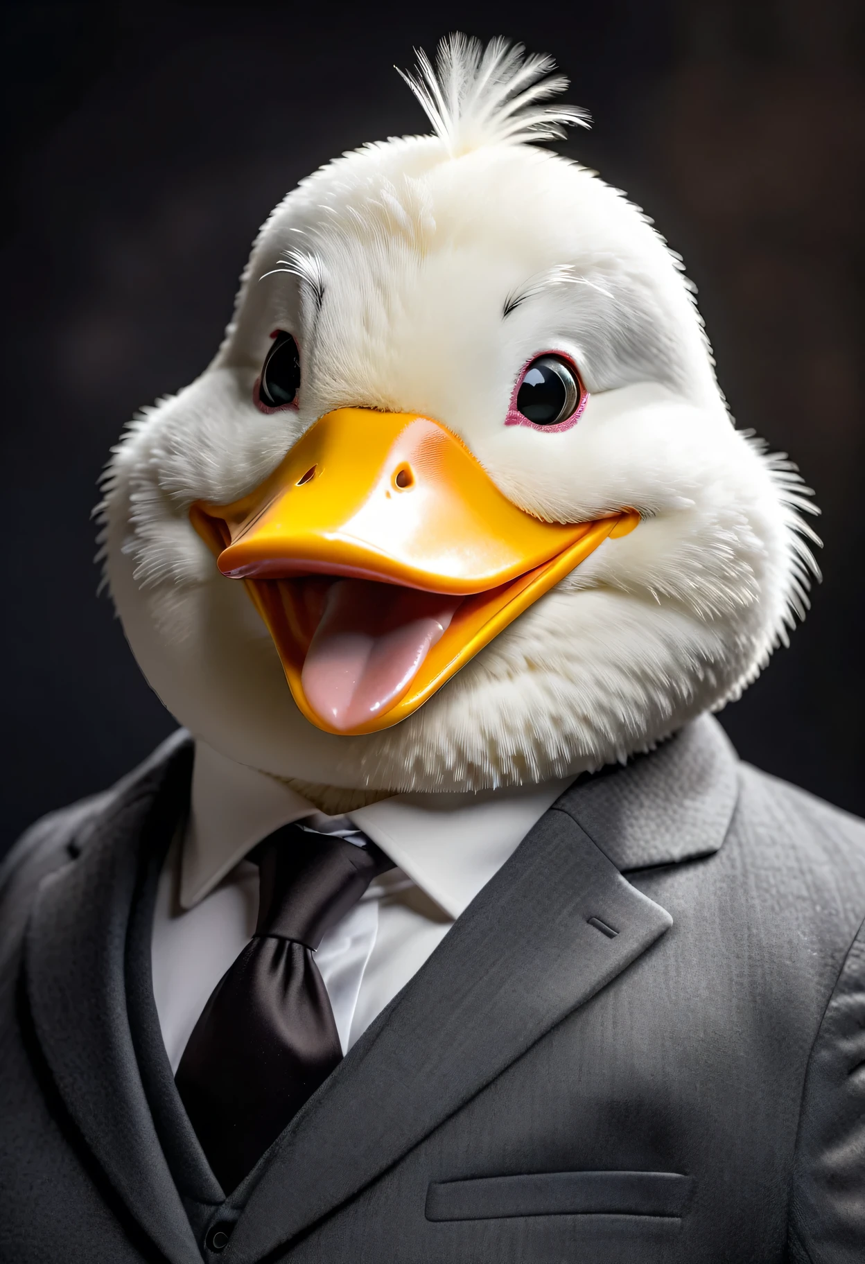 ace close up photo of anthropomorphic fat white duck,(furry), dressed in a dark gray suit, (sticking out tongue:1.5),(happy smile:1.5),(playful:1.2), soft lighting, Cinematic, hdr, primitive, Intricate, High quality, smoothing tones, Intricate details, Low contrast,(viewed from side:2.0), (lookingto the side:1.5), simple background