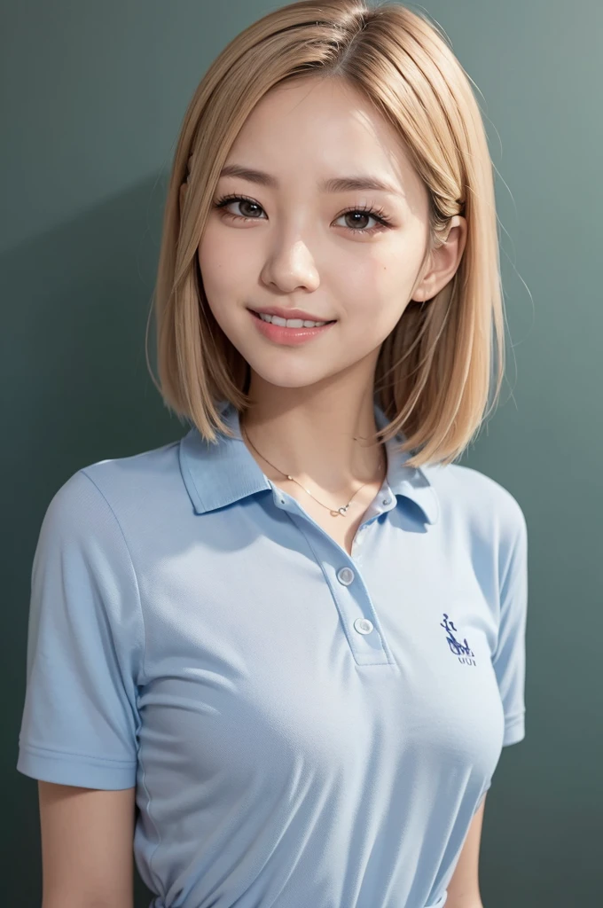 Realistic, masterpiece, Highest quality, Dark grey blank background, Drawn from the waist up(1girl:1.3), (Beautiful eyes drawn in detail, Long, narrow eyes, Dark Eyes), (Thin eyebrows), (Delicate eyelashes, Long eyelashes, Eyelash extensions), (Hidden eyelid wrinkles:1.3), Make-up for a date, (Blonde, short hair, middle part:1.3), Smiling happily with eyes closed, I can see some teeth, blue nike polo shirt