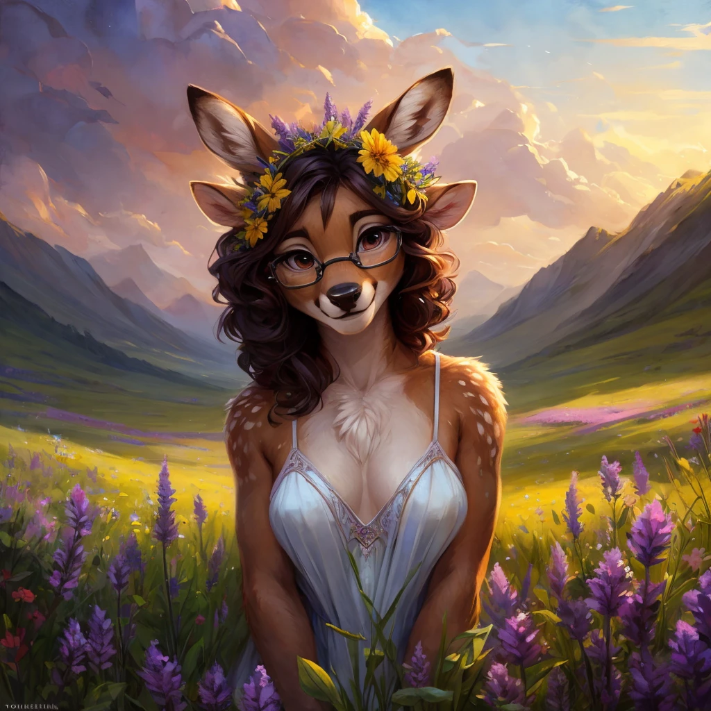 uploaded on e621, watercolor look, by Pixelsketcher, by Bayard Wu, by Thomas Benjamin Kennington , by Einshelm, by hioshiru and kenket, Chunie, portrait, solo anthro female deer doe, with small featureless , clear dark blue, cinematic lighting, day, sunny day, lavender field, stays in a wildflowers field, wildflowers field background, mediterranean background, horizon background, shiny, short curly dark brown hair, wears big blalasses, very very beautiful furry art, furry art, smiling, joyful, shiny, happy, feminine, cute face, muzzle, fluffy chest, flawless face, Fallow deer, 1girl, Sakimichan is beautiful, Masterpiece, Wavethesallow Face, shiny, Detailed image, portrait, Detailed image, portrait, full body, wears pure white short spaghetti straps dress, wears a wildflowers crown, shiny, realistic face, perfect anatomy, hourglass body, (furry body:1.1), anthropomorphic deer, looks at the viewer, small fluffy tail, detailed background, (cute anatomy:1.1), stands in a wildflowers field