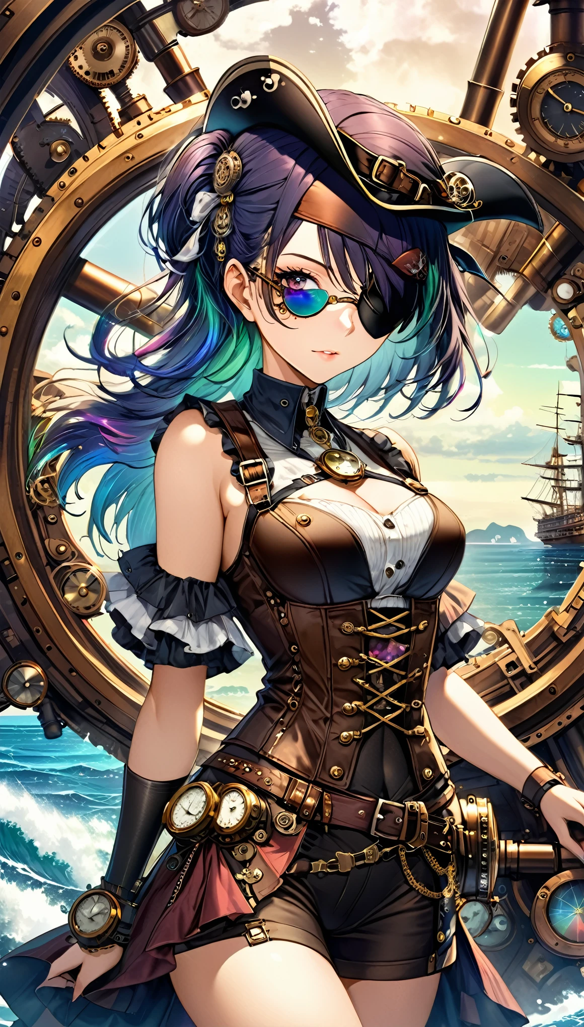 best quality, super fine, 16k, incredibly absurdres, extremely detailed, 2.5D, delicate and dynamic, beautiful woman, (eye patch), wearing pirate costume, accessories, captivating look, superlative body proportion, iridescent, kaleidoscope of pirate era and seascape backgrounds that combines steampunk, clockpunk, dieselpunk and cyberpunk