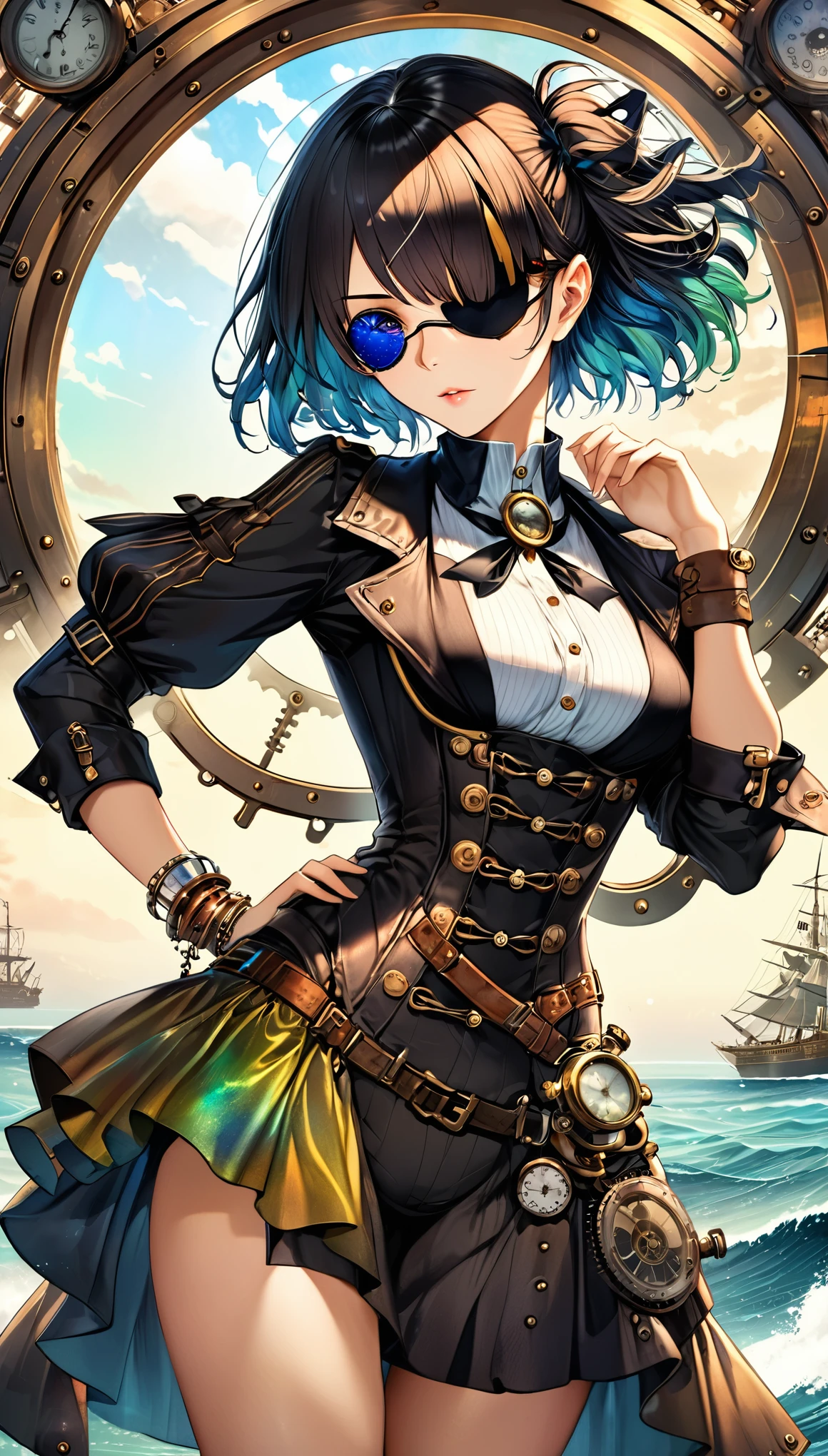 best quality, super fine, 16k, incredibly absurdres, extremely detailed, 2.5D, delicate and dynamic, beautiful woman, (eye patch), wearing pirate costume, accessories, captivating look, superlative body proportion, iridescent, kaleidoscope of pirate era and seascape backgrounds that combines steampunk, clockpunk, dieselpunk and cyberpunk