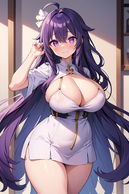 (masterpiece), (highest quality), ((Super detailed))、(super delicate)、Cute naughty Artificer mother、Pastel colors hair、(overwhelmingly huge :1.2, Thighs:1.2, thick legs:1.2, curvy:1.2, towering stature:1.6, massive fat thick unnatural belly, Plump)、Gorgeous、purple eyes, (hair over one eyes:1.4, ahoge, messy hair:1.2, tired hair:1.2, flippedr, very long hair, bags under eyes:1.3), black hair, (purple hair:1.1), (blush:1.2, emberrased:1.2, quiet personality:1.2, scared:1.2, looking away, wavy mouth), naked, hand face