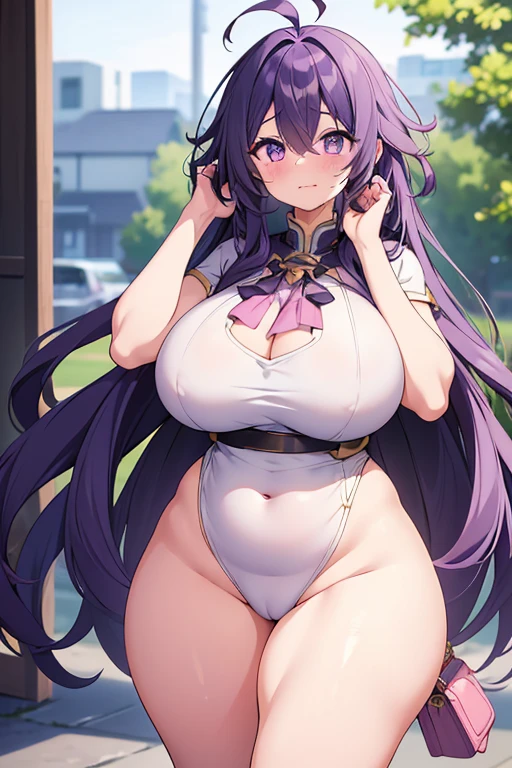(masterpiece), (highest quality), ((Super detailed))、(super delicate)、Cute naughty Artificer mother、Pastel colors hair、(overwhelmingly huge breasts:1.2, Thighs:1.2, thick legs:1.2, curvy:1.2, towering stature:1.6, massive fat thick unnatural belly, Plump)、Gorgeous、purple eyes, (hair over one eyes:1.4, ahoge, messy hair:1.2, tired hair:1.2, flipped hair, very long hair, bags under eyes:1.3), black hair, (purple hair:1.1), (blush:1.2, emberrased:1.2, quiet personality:1.2, scared:1.2, looking away, wavy mouth), naked, hand over face