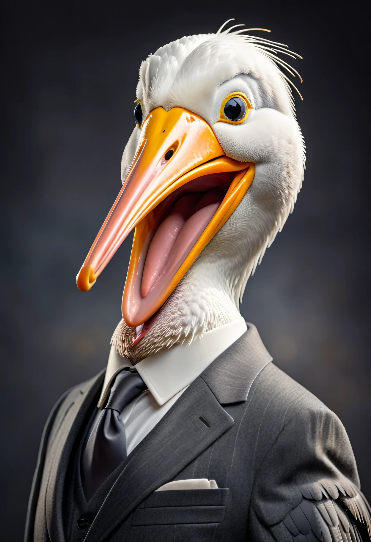 face close up photo of anthropomorphic fat pelican ,(beak), dressed in a dark gray suit, (sticking out tongue:1.5),(happy smile:1.5),(playful:1.2), soft lighting, Cinematic, hdr, primitive, Intricate, High quality, smoothing tones, Intricate details, Low contrast,(viewed from side:2.0), (looking to the side:1.5), simple background