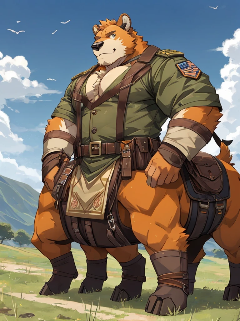 alone, Kanno, (Beartaur),furry,bara,fur taur,beartaur, Humanity, male, ((orange body)), army, There's a gun on the floor, Tail, muscle, Handsome, dog tag, naked, , thick, forest, fantasy, outdoor, external, dark, night, forest, Star, permanent, toe claws, epic, depth of field, perfect lighting, (light particles),(masterpiece),(ultra deTailed),sharp focus,light particles,