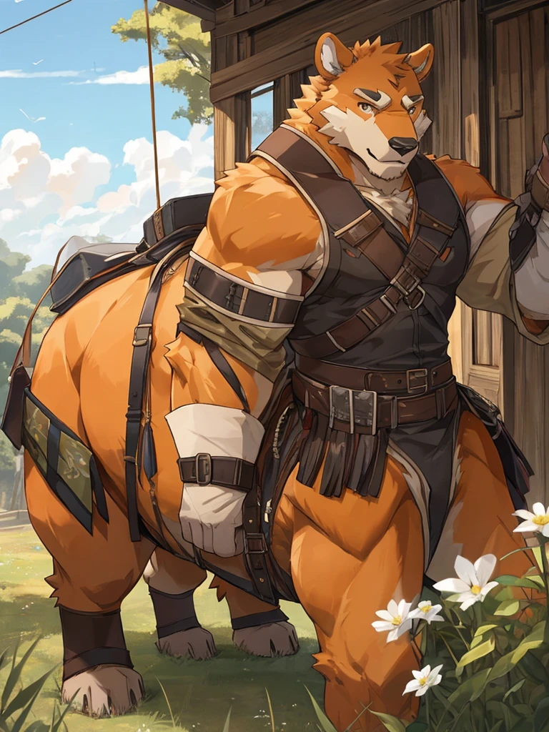 alone, Kanno, (Beartaur),furry,bara,fur taur,beartaur, Humanity, male, ((orange body)), army, There's a gun on the floor, Tail, muscle, Handsome, dog tag, naked, , thick, forest, fantasy, outdoor, external, dark, night, forest, Star, permanent, toe claws, epic, depth of field, perfect lighting, (light particles),(masterpiece),(ultra deTailed),sharp focus,light particles,