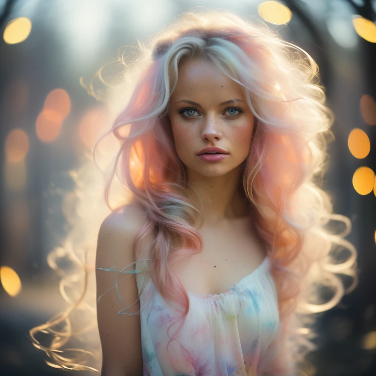 (8k, best quality, masterpiece:1.2),(best quality:1.0), (ultra highres:1.0), pencil colors, Pamela Anderson, shoulder, hair ribbons, by agnes cecile, full body photography, extremely luminous bright design, pastel colors, (ink:1.3), autumn lights
