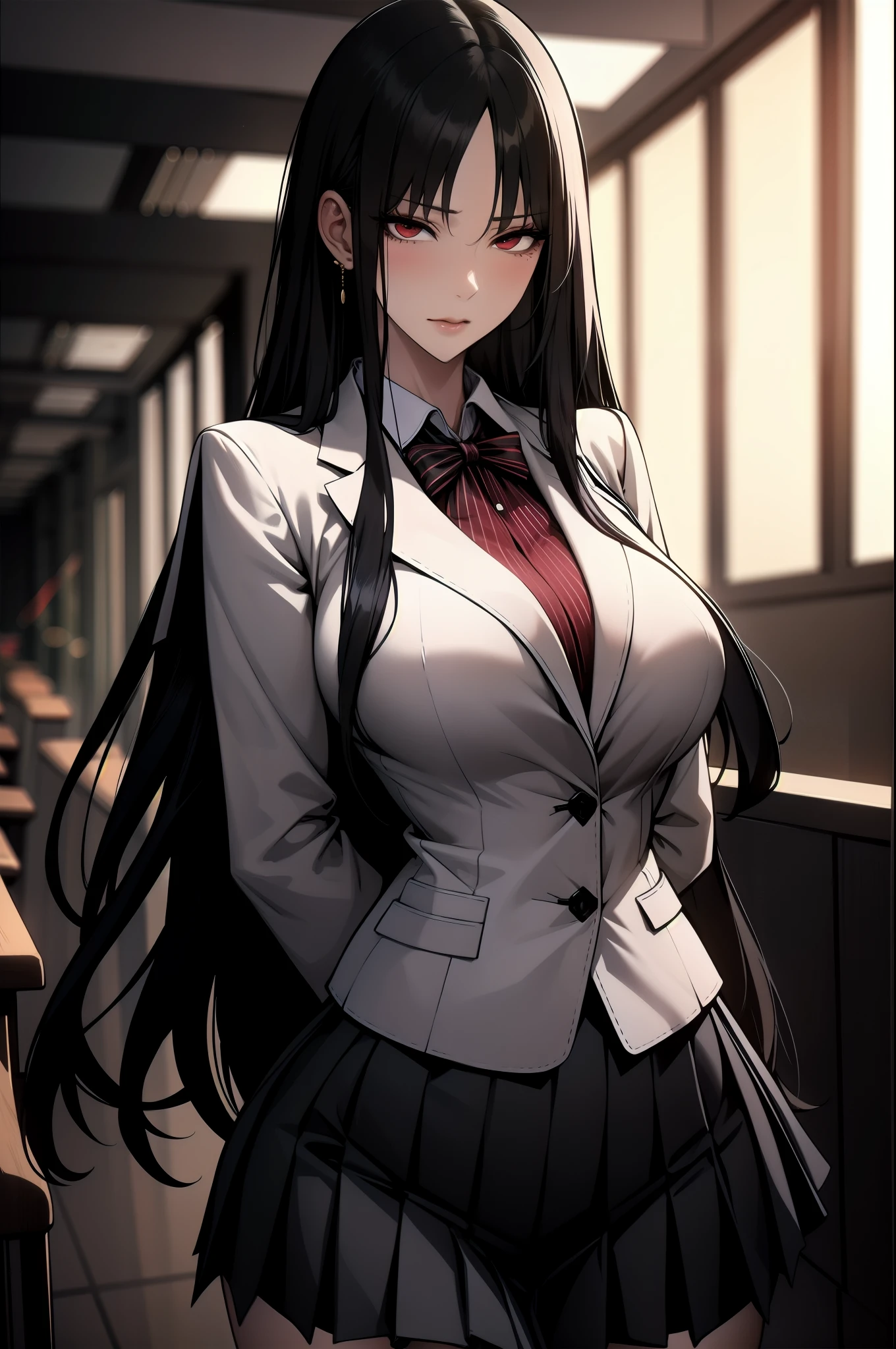 A young woman with long black hair and striking red eyes is wearing a traditional school uniform. She stands confidently, looking directly at the camera with a haughty expression. The school uniform consists of a white blouse, a dark-colored pleated skirt, and a matching blazer. The background is a simple school setting with blurred elements to focus on her intense gaze and proud demeanor. Her posture and facial expression exude arrogance and self-assurance.
