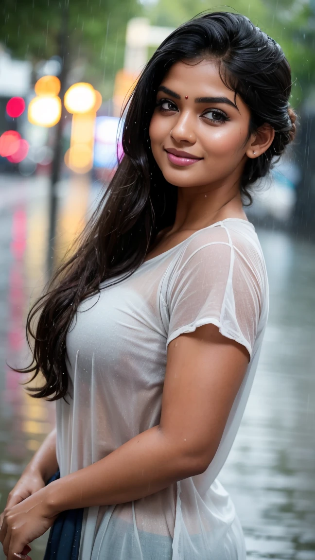 A masterpiece! A stunning Indian girl, her disheveled hair a testament to the torrential rain that surrounds her. Beautiful, detailed eyes sparkle with joy as she gazes directly at the viewer, her long locks tied back in a neat bun. She wears a casual t-shirt, slightly transparent from the wetness, and her medium-round breasts are subtly visible beneath. In a side pose, she revels in the heavy rain shower, her big cheeks flushed with happiness. The street background is a blurred Bokeh, while raindrops glisten on her skin, capturing the essence of a carefree rainy day.rain drops,paid girl , heavy rain