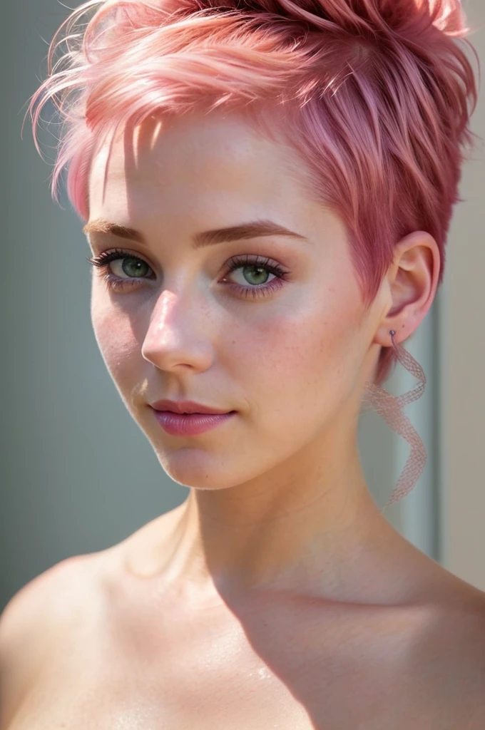 color photograph, close-up, ((a realistic photo of a beautiful short pink hair girl)), (milalc), light, ((glowy skin)), looking_at_viewer, (fit body:1.0), ((medium breasts)), high ponytail, detailed illustration, masterpiece, high quality, realistic, very detailed face,