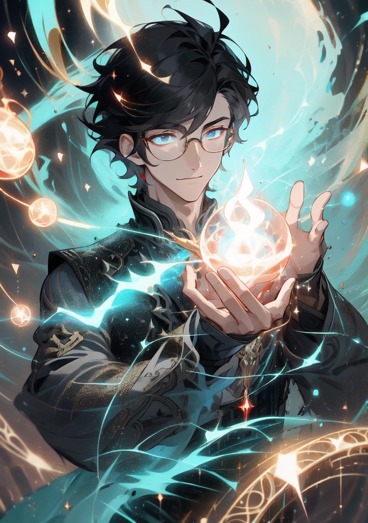 masterpiece, best quality, 1 male, young, tall muscular, handsome, finely detailed eyes, intricate details, black hair, short hair, smile, solo, upper body, detailed background, detailed face, good sorcerer, color magical robes, determined expression, white color scheme, dark crimson light, glowing magical runes, realistic lighting, floating particles, sparks, surrounded by gold lightning red arcane symbols, corrupted by eldritch power, bloom, glasses