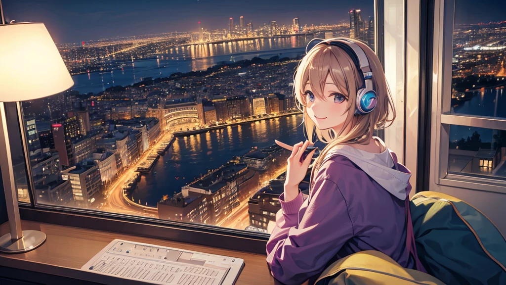 Listening to music through headphones、Smiling woman、Beautiful city from the window、Night view
