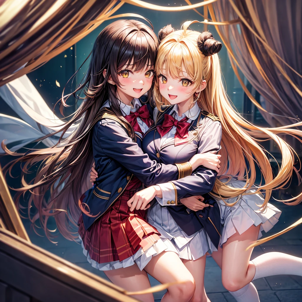best quality,8K,smile,blazer,20 girls,ribbon on uniform,chool Graduation Ceremony,middle School girls,Girl groupultiple girls are depicted,Harem,idol group,photo shoot,long hair,wearing a cardigan,highest quality,big breasts,happy girl,horny girl,yellow eyes,perfect face,standing position,girls hugging each other,letting down one's bangs,beautiful eyes,corridor,girls hugging each other,smooth hair,multicolored hair colors,naughty girl,beautiful girl,beautiful girl,loose socks