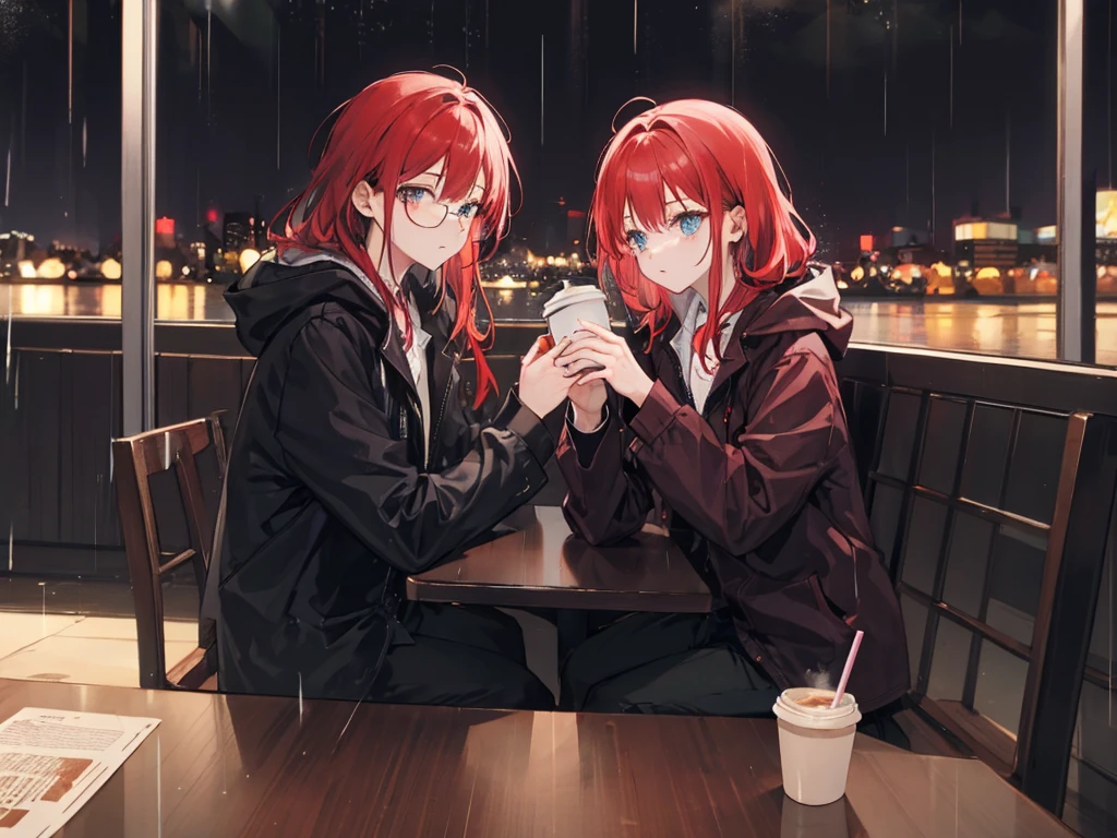 A red-haired woman and a man wearing glasses are having a pleasant conversation, but with a slightly melancholic air. Drinking coffee on a rainy night. Late 20s.


