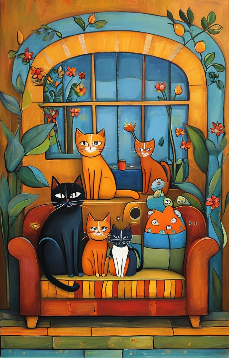 Masterpiece, best quality Cat family portrait, illustration, Karla Gerard style