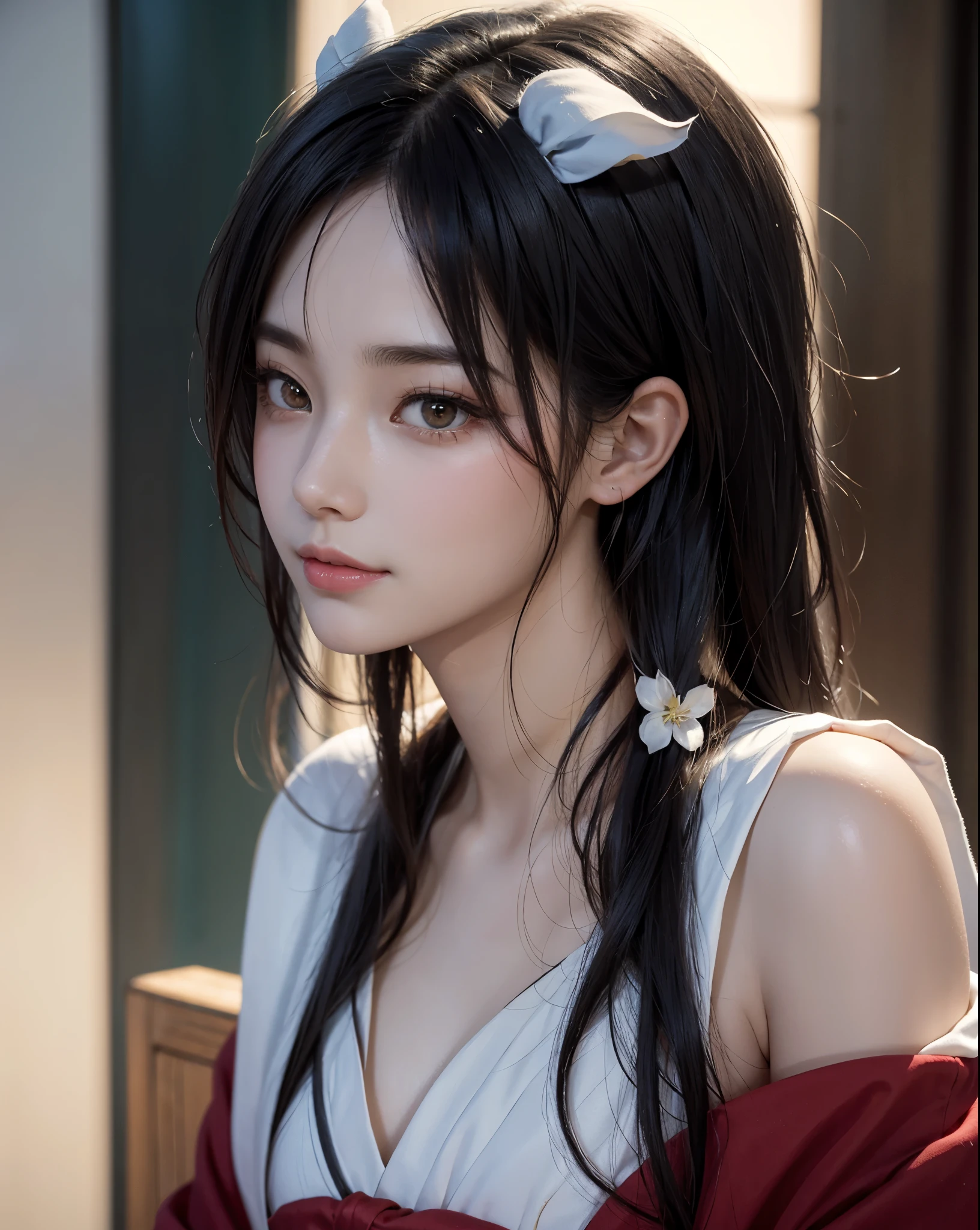 Black Hair, Tie your hair up, Jade hairpin, Long eyelashes, Round eyes, A light smile, Redness in the ears, Surrealism, Cast a Shadow, Atmospheric perspective, 8k, Super detailed, Accurate, Highest quality, colorful, masterpiece, like々New Appearance, Delicate features, Perfect Skin. grace, Grace, Beautiful red Tang Dynasty Hanfu, A symbol of beauty and femininity, One girl