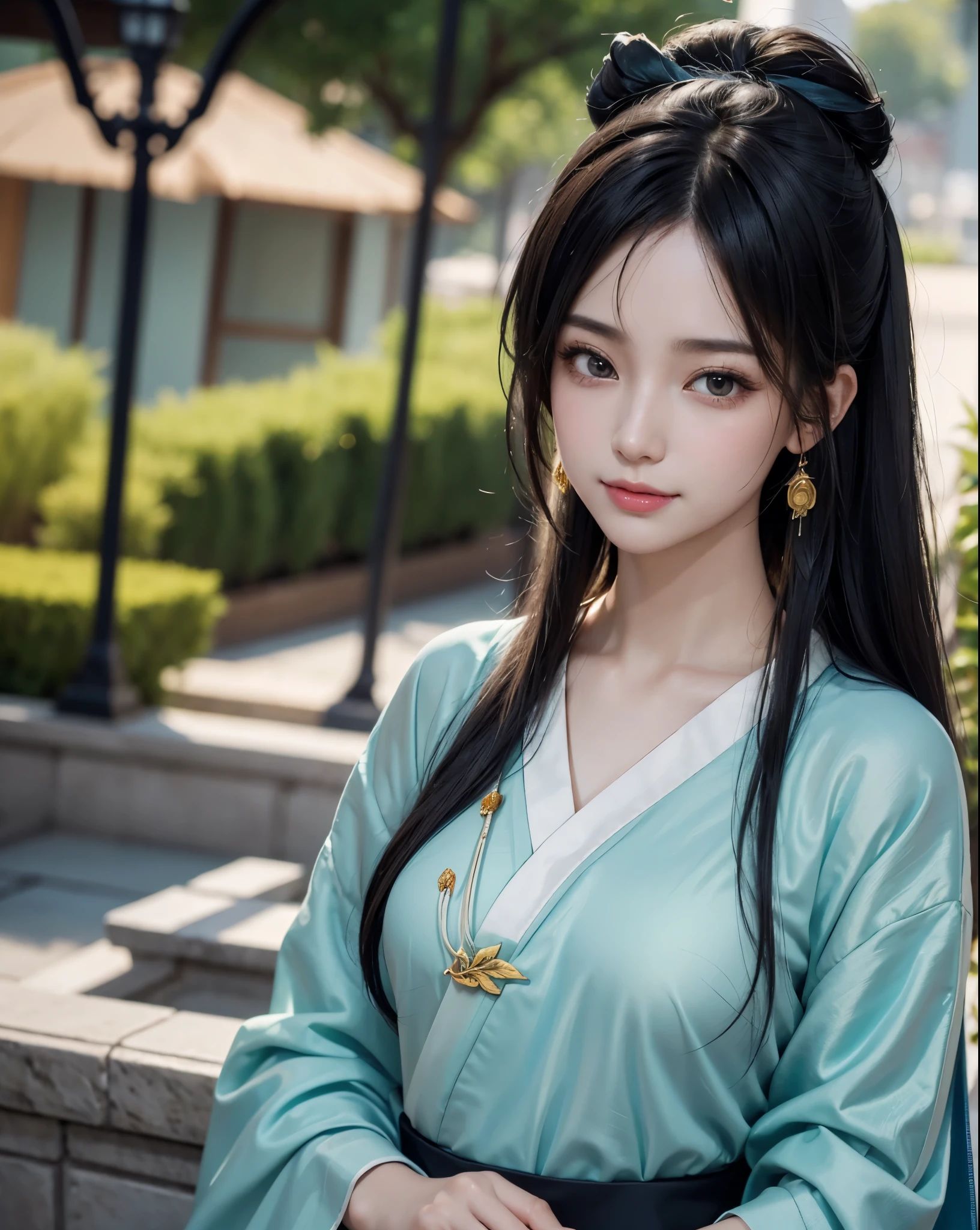 Black Hair, Tie your hair up, Jade hairpin, Long eyelashes, Round eyes, A light smile, Redness in the ears, Surrealism, Cast a Shadow, Atmospheric perspective, 8k, Super detailed, Accurate, Highest quality, colorful, masterpiece, like々New Appearance, Delicate features, Perfect Skin. grace, Grace, Beautiful red Tang Dynasty Hanfu, A symbol of beauty and femininity, One girl