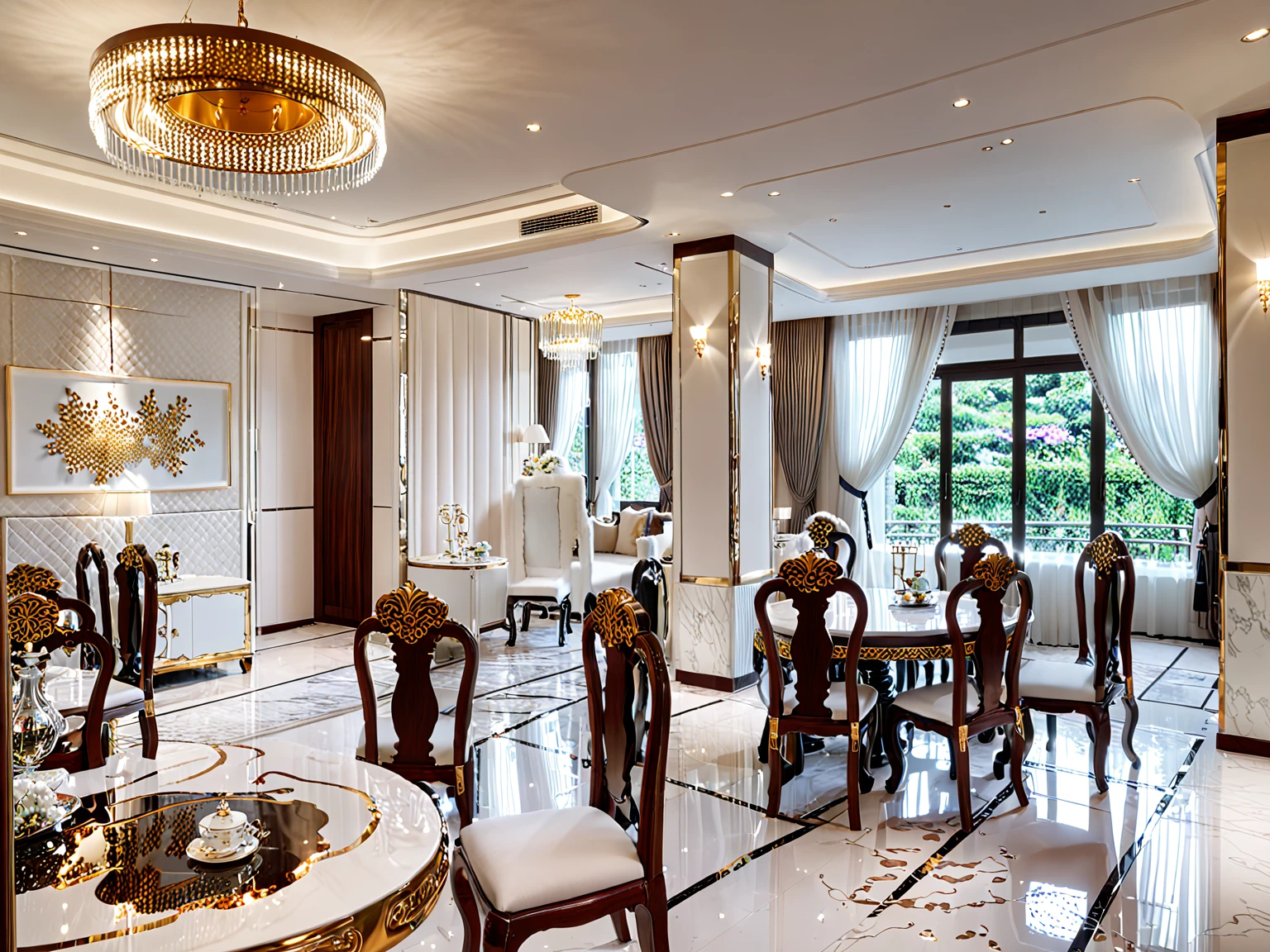 ,Masterpiece, Best quality,8K, Ultra-high resolution,When you step into the dinning room of restaurant room,Immediately surrounded by a rich atmosphere of luxury. The space was covered with a soft white fluffy blanket,It is so comfortable,So much so that you can't help but indulge in it。Embellished with precious porcelain and white-off gold ornaments。Whenever it is late afternoon,The afterglow from the window spilled on the floor,Soft light and shadow are reflected,It was as if entering a dreamland. ((Wooden chair and table : 1.3)), MIRROR COVER THE COLUMN