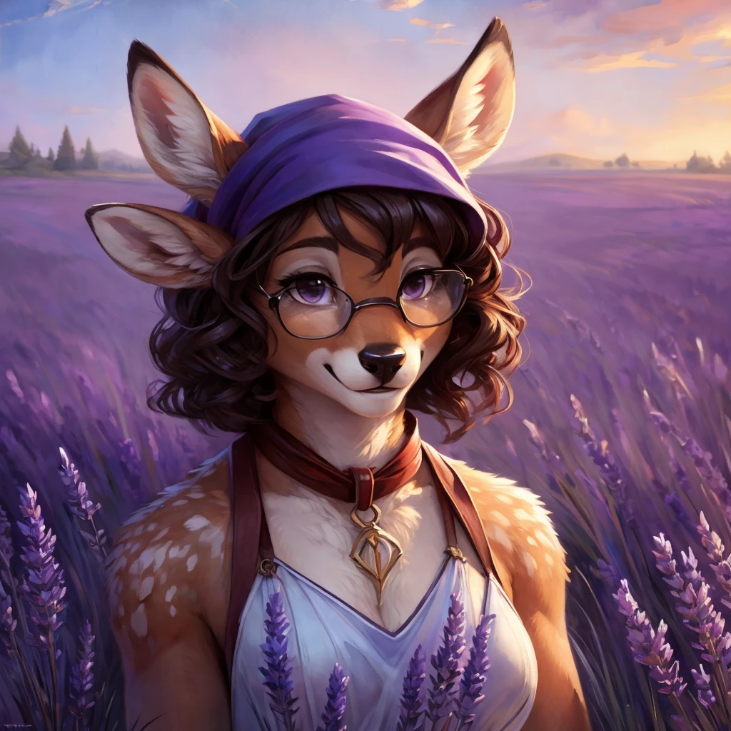 uploaded on e621, watercolor look, by Pixelsketcher, by Bayard Wu, by Thomas Benjamin Kennington , by Einshelm, by hioshiru and kenket, Chunie, portrait, solo anthro female deer doe, with small featureless breasts, clear dark blue, cinematic lighting, day, sunny day, lavender field, stays in a lavender field, lavender field background, mediterranean background, horizon background, shiny, short curly dark brown hair, wears big black nerd glasses, very very beautiful furry art, furry art, smiling, joyful, shiny, happy, feminine, cute face, muzzle, fluffy chest, flawless face, Fallow deer, 1girl, Sakimichan is beautiful, Masterpiece, Wavethesallow Face, shiny, Detailed image, portrait, Detailed image, portrait, full body, wears pure white spaghetti straps dress, wears a black hat bandana headscarf, wears a black bow around the neck, shiny, realistic face, perfect anatomy, hourglass body, (furry body:1.1), anthropomorphic deer, looks at the viewer, small fluffy tail, detailed background, (cute anatomy:1.1), stands in a lavender field