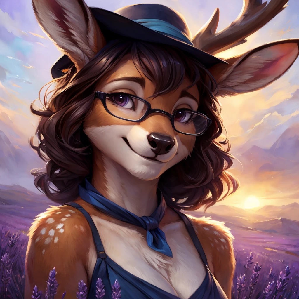uploaded on e621, watercolor look, by Pixelsketcher, by Bayard Wu, by Thomas Benjamin Kennington , by Einshelm, by hioshiru and kenket, Chunie, portrait, solo anthro female deer doe, with small featureless breasts, clear dark blue, cinematic lighting, day, sunny day, lavender field, stays in a lavender field, lavender field background, mediterranean background, horizon background, shiny, short curly dark brown hair, wears big black nerd glasses, very very beautiful furry art, furry art, smiling, joyful, shiny, happy, feminine, cute face, muzzle, fluffy chest, flawless face, Fallow deer, 1girl, Sakimichan is beautiful, Masterpiece, Wavethesallow Face, shiny, Detailed image, portrait, Detailed image, portrait, full body, wears pure white spaghetti straps dress, wears a black hat bandana headscarf, wears a black bow around the neck, shiny, realistic face, perfect anatomy, hourglass body, (furry body:1.1), anthropomorphic deer, looks at the viewer, small fluffy tail, detailed background, (cute anatomy:1.1), stands in a lavender field