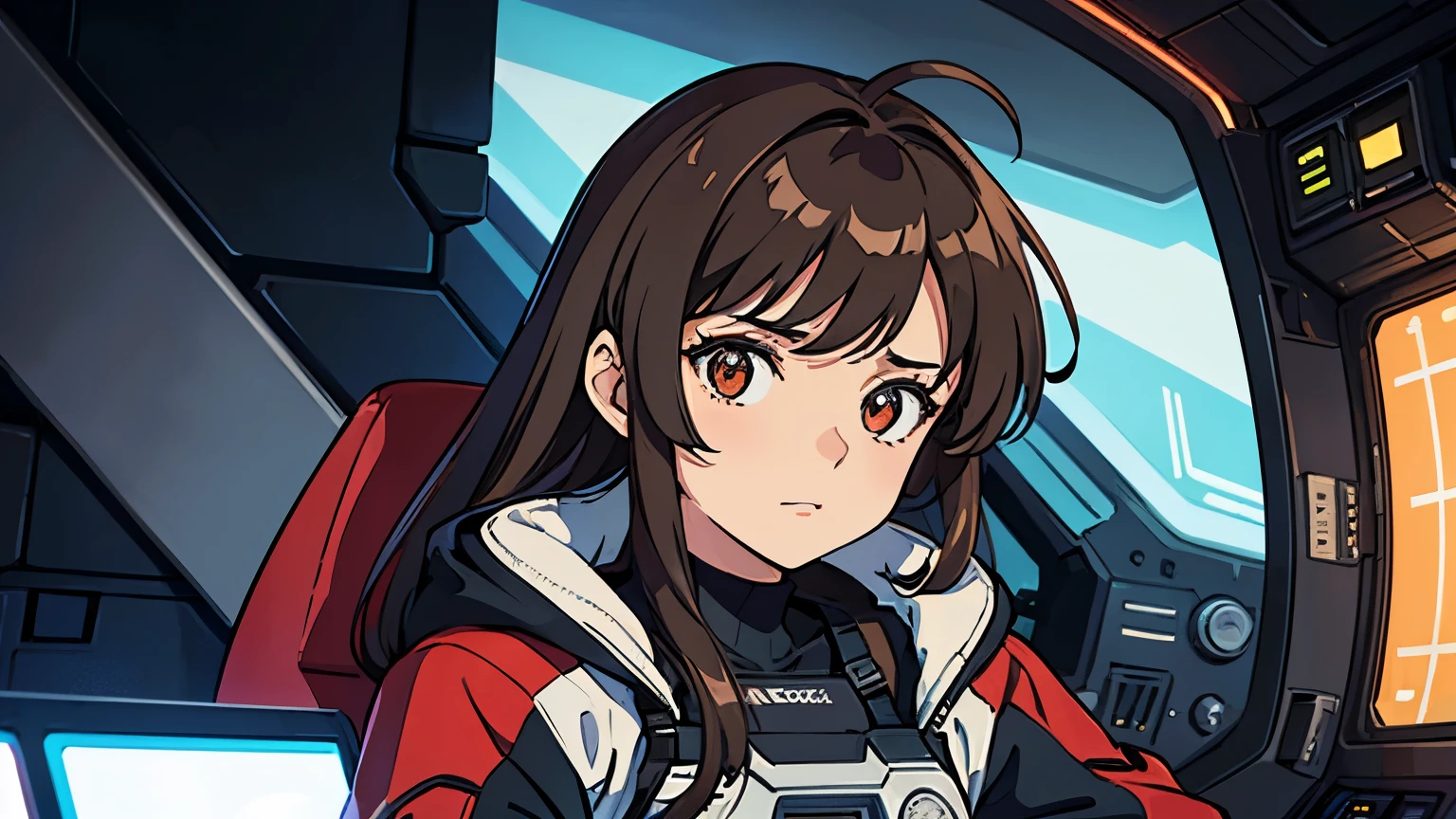A beautiful woman. Twenty years old. Dark brown hair. She is looking at the camera with a defiant expression. She is in the cockpit of a small spaceship. She is wearing modern clothes.