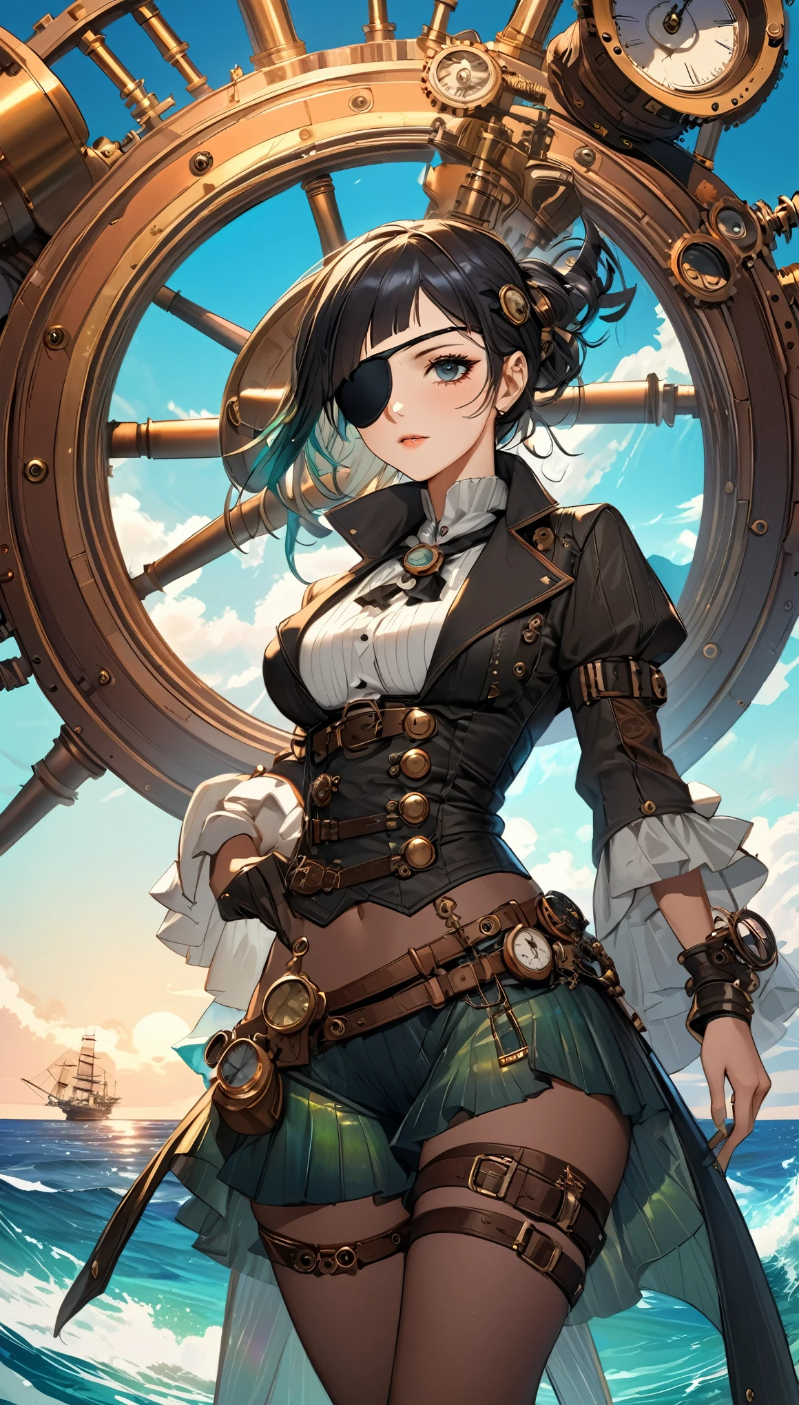 best quality, super fine, 16k, incredibly absurdres, extremely detailed, 2.5D, delicate and dynamic, beautiful woman, (eye patch), wearing pirate costume, accessories, captivating look, superlative body proportion, iridescent, kaleidoscope of pirate era and seascape backgrounds that combines steampunk, clockpunk, dieselpunk and cyberpunk