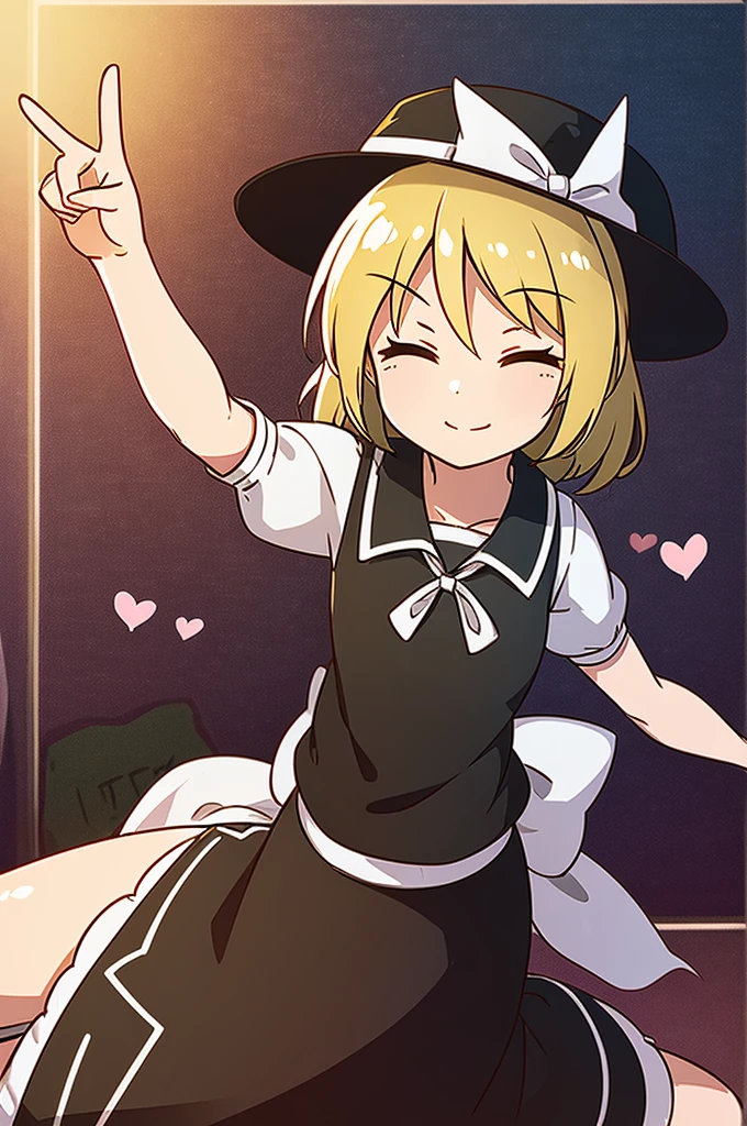 1girl, , , masterpiece, best quality, 10 years old, medium blonde hair, forehead visible bags, yellow eyes, hat, heart, black headwear, puffy short sleeves, log black skirt, heart hads,,1girl, solo, yellow eyes, yellow hair, bow, hat bow, socks, black footwear, black skirt, short sleeves, yuki (touhou), black vest, white sleeves, frill skirt, light smile, from behind, to lift up one’s skirt, cowboy shot, from front, standing , raise one leg, crossed arms, arms up behind, arms behind back, hand between legs, put hands hip, one hand on hip, forward hands, arms raised in the air, punch hands, peace sign, waving, put up index finger, sit, lie down, closed eyes, lie face down, looking back, put one hand chest, leaning forward, cleavage, close up, horizontally outstretched arms, horizontally outstretched legs, front view, front face