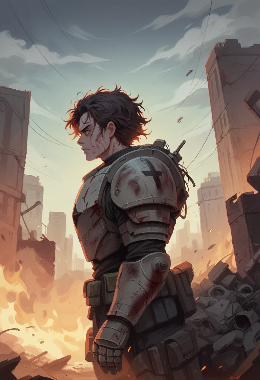 1 woman, alone, messy hair, Dirty Face, There was blood on my face., injury, profile, wearing power armor, T-60, army, city, ruins, post apocalypse, SF, Grey sky, cloudy sky, dark, fire, performance, ray tracing, masterpiece, best quality,