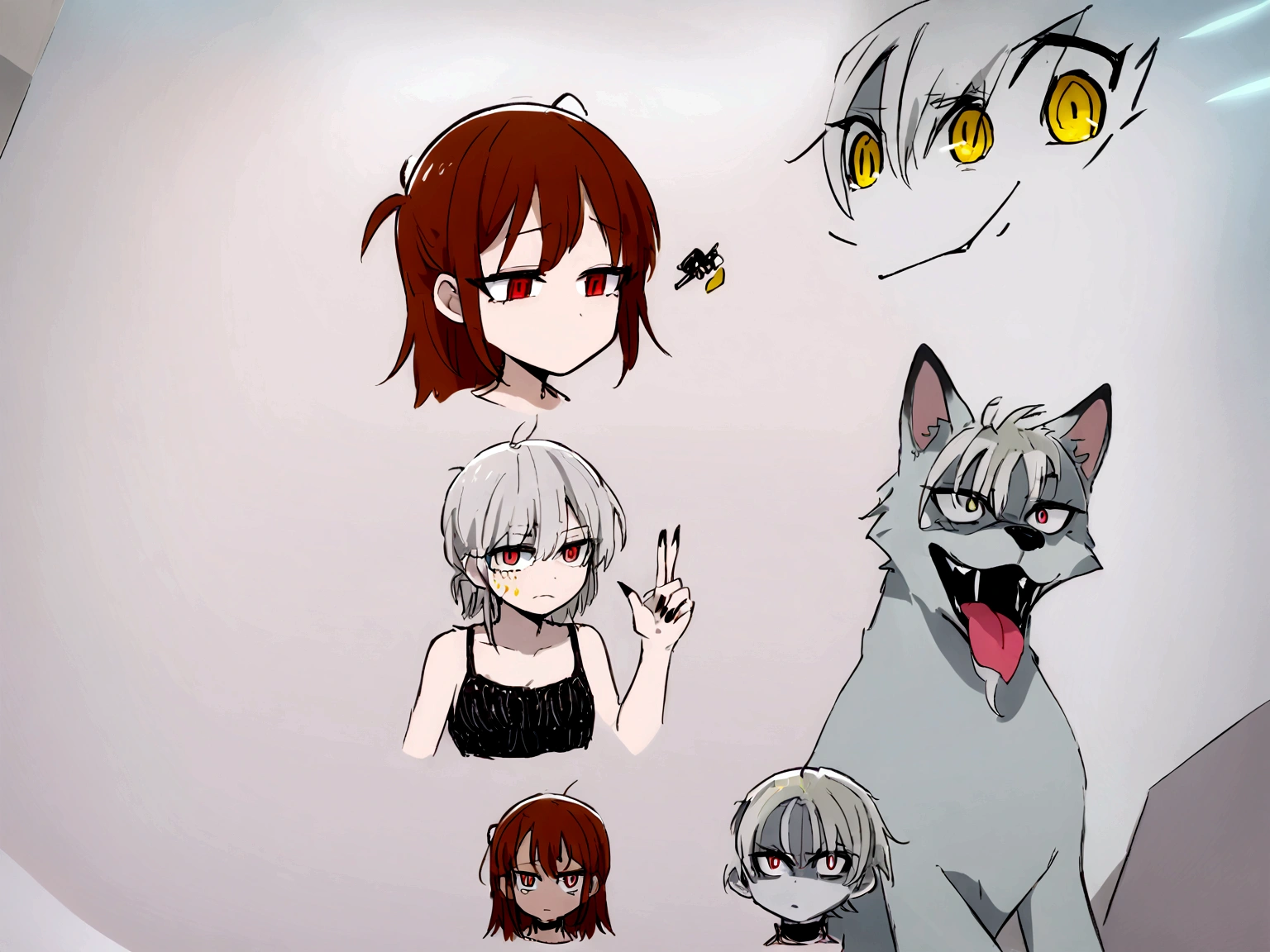 animated movie, white hair, Red eyes, vertical pupil, canine, small face, boy, devil, shining eyes, 짧은 단발 white hair, gray skin tone, black nails