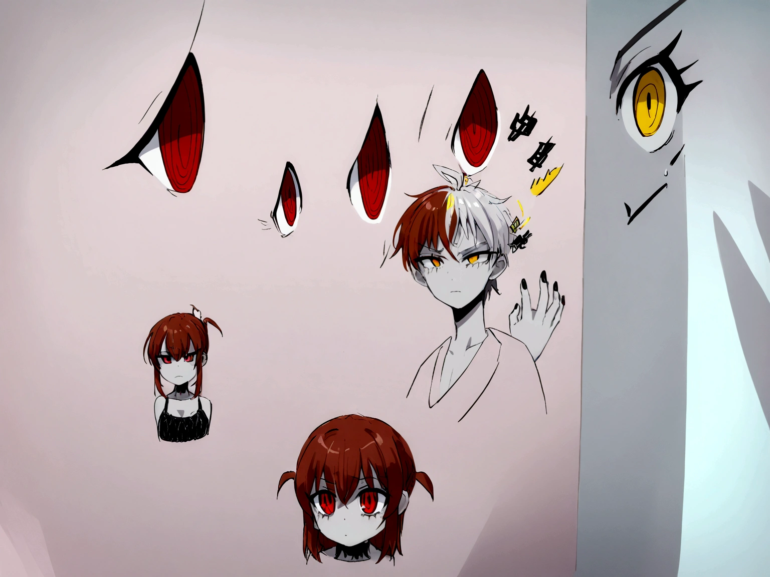 animated movie, white hair, Red eyes, vertical pupil, canine, small face, boy, devil, shining eyes, 짧은 단발 white hair, gray skin tone, black nails