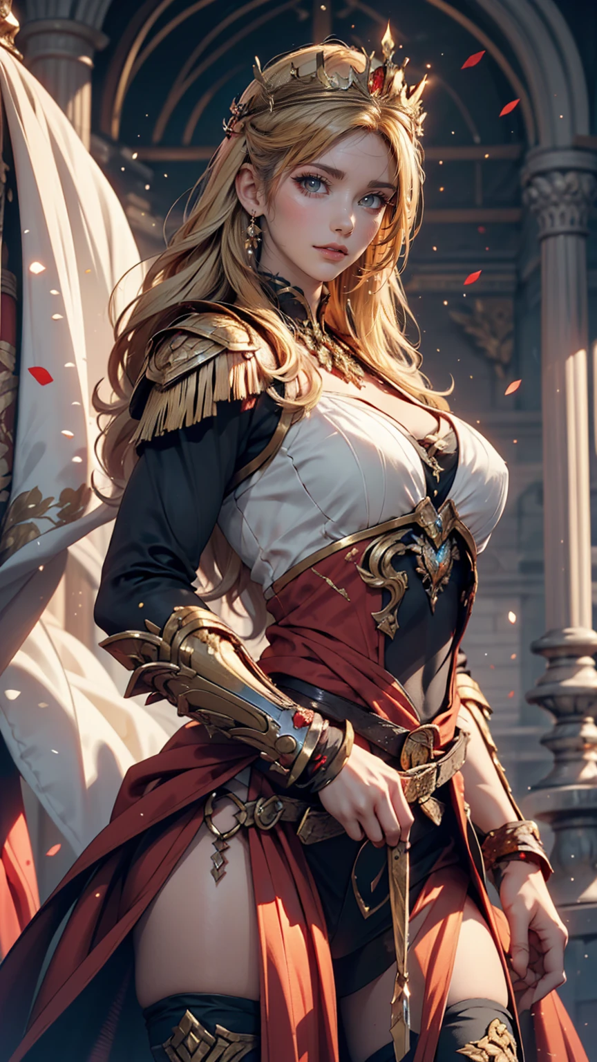 masterpiece,8k,Super detailed,Highest quality,battlefield,(background:The warriors are fighting,Red Warrior,Green Warrior,Jumping,hacka,slush),(Middle Way:The queens are fighting,Blonde queen,Amber Heard,Black-haired queen,Park Bo-young,Fighting Pose),The lighting is dark and gloomy,Exquisite gold armor,Beautiful gold crown,An intricately carved silver sword,An elaborate eagle helmet.