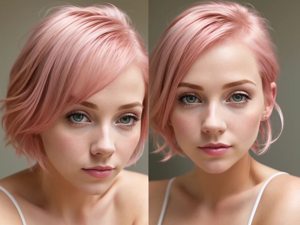 color photograph, close-up, ((a realistic photo of a beautiful short pink hair girl)), (milalc), light, ((glowy skin)), looking_at_viewer, (fit body:1.0), ((medium breasts)), high ponytail, detailed illustration, masterpiece, high quality, realistic, very detailed face,